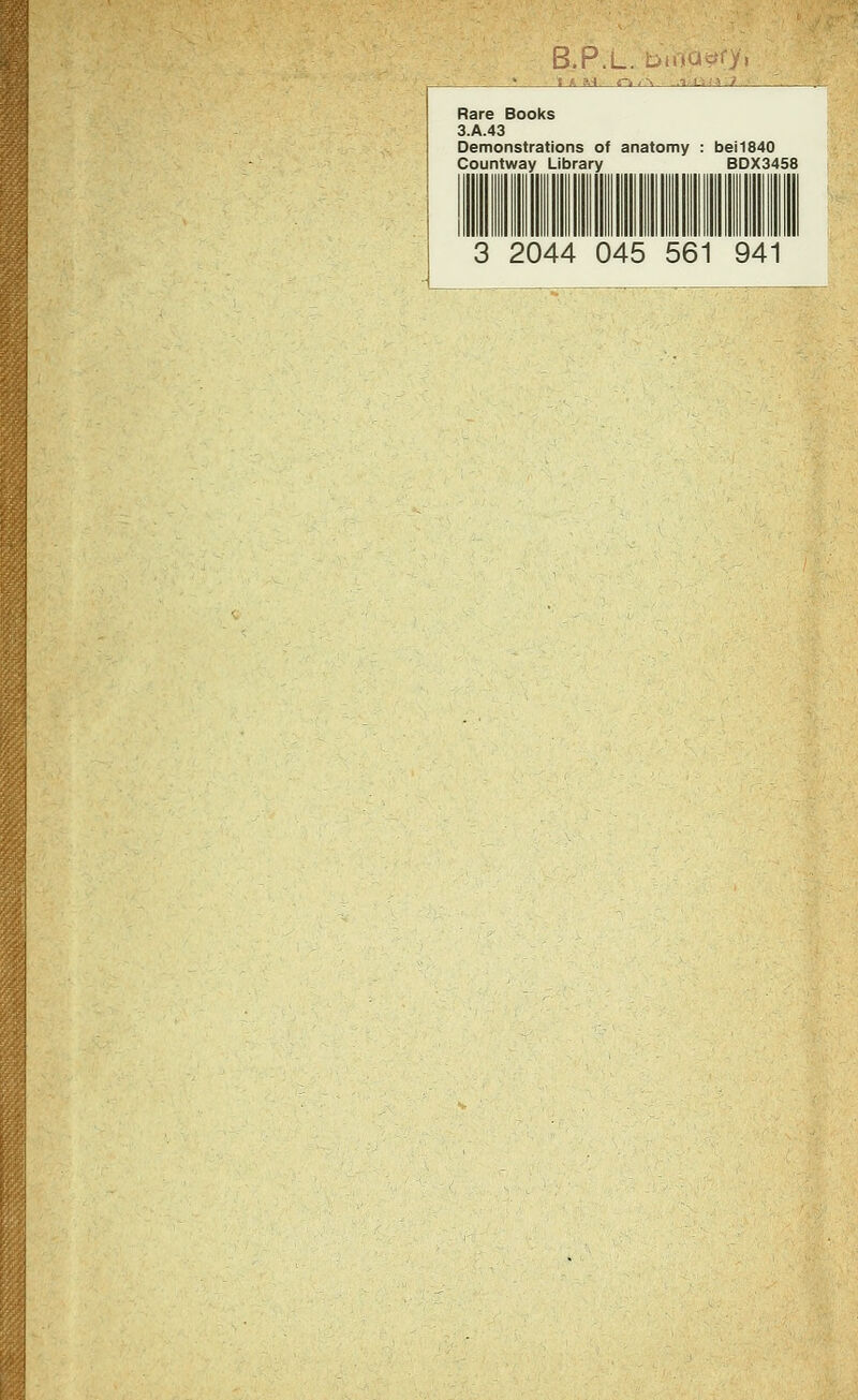 B.P.L. biijUvQi : ! t A M ni\ .1, Li;^> ./ , 1 Rare Books 3.A.43 Demonstrations of anatomy : bei1840 Countway Library BDX3458 3 2044 045 561 941