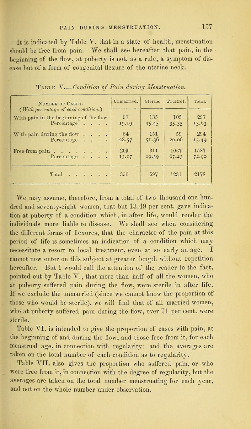 It is indicated by Table V. that in a state of health, menstruation should be free from pain. We shall see hereafter that pain, in the beginning of the flow, at puberty is not, as a rule, a symptom of dis- ease but of a form of congenital flexure of the uterine neck. Table V Condition of Pain during Menstruation. Number of Cases. {With percentage of each condition.') With, pain in the beginning of the flow Percentage .... With pain during the flow .... Percentage .... Percentage .... Unmarried. Sterile. Fruitful. Total. 57 19.19 84 28.57 209 13-17 135 45-45 151 5I-36 311 19-59 105 35-35 59 20.06 1067 67.23 297 13-63 294 13-49 1587 72.90 Total 350 597 1231 2178 We may assume, therefore, from a total of two thousand one hun- dred and seventy-eight women, that but 13.49 per cent, gave indica- tion at puberty of a condition which, in after life, would render the individuals more liable to disease. We shall see when considering the different forms of flexures, that the character of the pain at this period of life is sometimes an indication of a condition which may necessitate a resort to local treatment, even at so early an age. I cannot now enter on this subject at greater length without repetition hereafter. But I would call the attention of the reader to the fact, pointed out by Table V., that more than half of all the women, who at puberty suffered pain during the flow, were sterile in after life. If we exclude the unmarried (since we cannot know the proportion of those who would be sterile), we will find that of all married women, who at puberty suffered pain during the flow, over 71 per cent, were sterile. Table VI. is intended to give the proportion of cases with pain, at the beginning of and during the flow, and those free from it, for each menstrual age, in connection with regularity: and the averages are taken on the total number of each condition as to regularity. Table VII. also gives the proportion who suffered pain, or who were free from it, in connection with the degree of regularity, but the averages are taken on the total number menstruating for each year, and not on the whole number under observation.