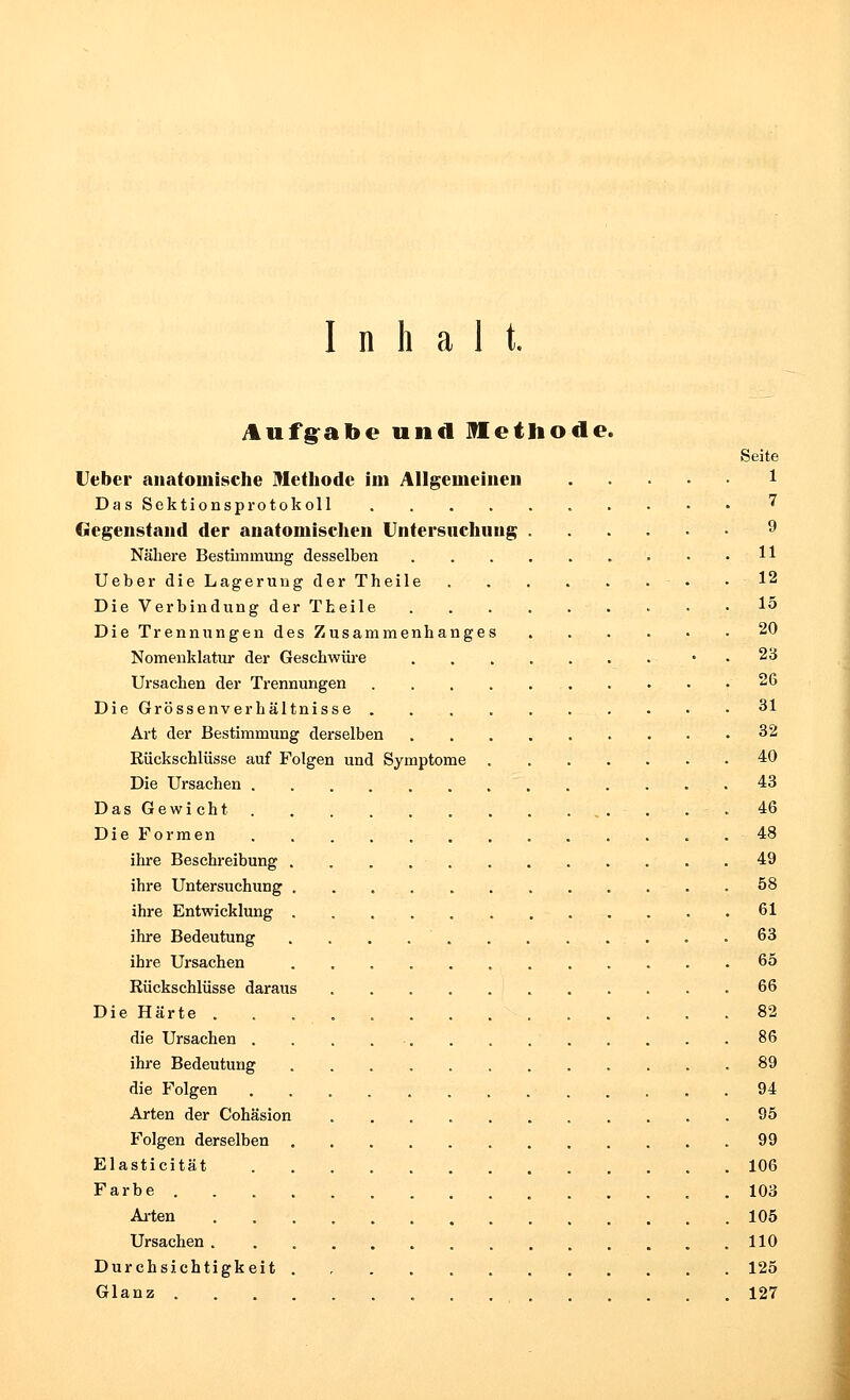 Inhalt. Aufgabe und Methode. Seite Uebei* anatomische Methode im Allgemeinen 1 Das Sektionsprotokoll ? Gegenstand der anatomischen Untersuchung ...... 9 Nähere Bestimmung desselben H Ueber die Lagerung der Theile .12 Die Verbindung der Theile 15 Die Trennungen des Zusammenhanges 20 Nomenklatur der Geschwüre • v 23 Ursachen der Trennungen 26 Die Grössenverhältnisse 31 Art der Bestimmung derselben 32 [Rückschlüsse auf Folgen und Symptome 40 Die Ursachen 43 Das Gewicht . . ...... . . 46 Die Formen 48 ihre Beschreibung 49 ihre Untersuchung 58 ihre Entwicklung 61 ihre Bedeutung 63 ihre Ursachen 65 Rückschlüsse daraus 66 Die Härte 82 die Ursachen 86 ihre Bedeutung 89 die Folgen 94 Arten der Cohäsion 95 Folgen derselben 99 Elasticität 106 Farbe 103 Arten 105 Ursachen 110 Durchsichtigkeit 125 Glanz .127