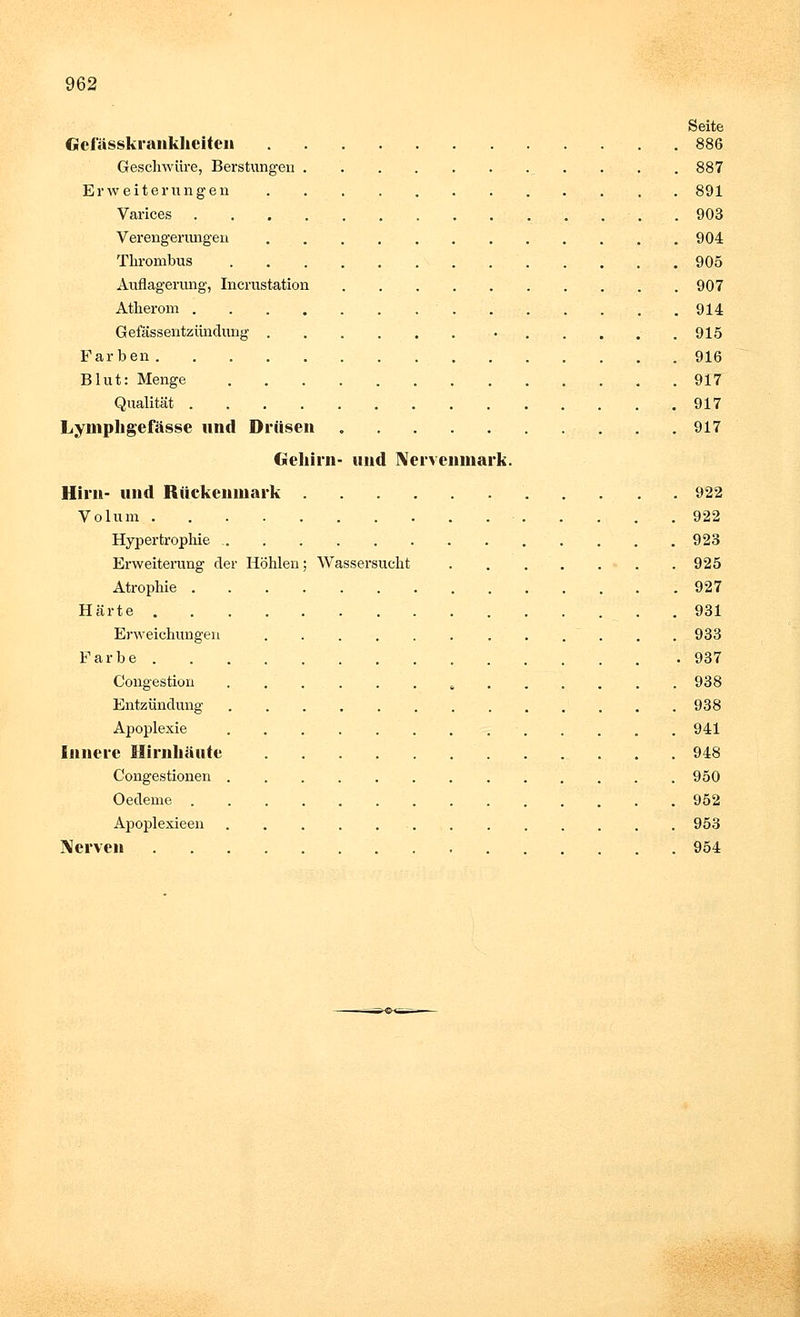 Seite Gefässkrankheiten 886 Geschwüre, Berstungen 887 Erweiterungen 891 Varices • . 903 Verengerungen 904 Thrombus 905 Auflagerung, Incrustation 907 Atherom 914 Gefässentzündung 915 Farben 916 Blut: Menge 917 Qualität 917 Lymphge fasse und Drüsen . .917 Gehirn- und IVervenmark. Hirn- und Rückenmark 922 Volum 922 Hypertrophie 923 Erweiterung der Höhlen; Wassersucht 925 Atrophie 927 Härte 931 Erweichungen ... 933 Farbe 937 Congestion . 938 Entzündung 938 Apoplexie 941 Innere Hirnhäute 948 Congestionen 950 Oedeme 952 Apoplexieen 953 Nerven 954