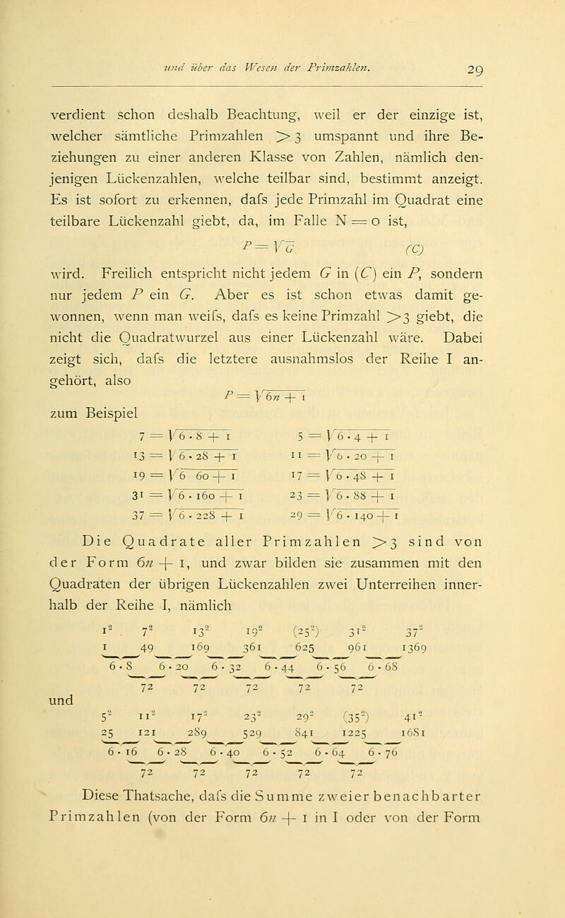verdient schon deshalb Beachtung, weil er der einzige ist, welcher sämtliche Primzahlen > 3 umspannt und ihre Be- ziehungen zu einer anderen Klasse von Zahlen, nämlich den- jenigen Lückenzahlen, welche teilbar sind, bestimmt anzeigt. Es ist sofort zu erkennen, dafs jede Primzahl im Quadrat eine teilbare Lückenzahl giebt, da, im Falle N = o ist, p=Yg CO wird. Freilich entspricht nicht jedem G m [C] ein P, sondern nur jedem P ein G. Aber es ist schon etwas damit ge- wonnen, wenn man weifs, dafs es keine Primzahl >>3 giebt, die nicht die Quadratwurzel aus einer Lückenzahl wäre. Dabei zeigt sich, dafs die letztere ausnahmslos der Reihe I an- gehört, also p = Yen + 1 zum Beispiel 7 = V6 • 8 + I 5 = V 6 .4+1 13 = V 6 . 28 -f I 11=1 6 . 20 -^ I 19 = K6 60-f I 17 = Kö • 48 + I 31 = Ye. 160 -j- I 23 = Y(> -88 + 1 37 = Ye. 22S + I 29 = Y6-140-f I Die Quadrate aller Primzahlen >3 sind von der Form 6n-Y i, und zwar bilden sie zusammen mit den Quadraten der übrigen Lückenzahlen zwei Unterreihen inner- halb der Reihe I, nämlich r- 72 132 192 (25-) 31= 37- I 49 169 361 625 961 1369 6-8 6 • 20 6-32 6 . 44 6-56 6-68 72 72 72 72 72 und 5- H2 172 23- 29- (35-) 41^ 25 121 289 529 S41 1225 i6Si 6 • 16 6.28 6-40 6-52 6-64 6.76 72 72 72 72 72 Diese Thatsache, dafs die Summe zweier benachbarter Primzahlen (von der Form 671 -|- i in I oder von der Form
