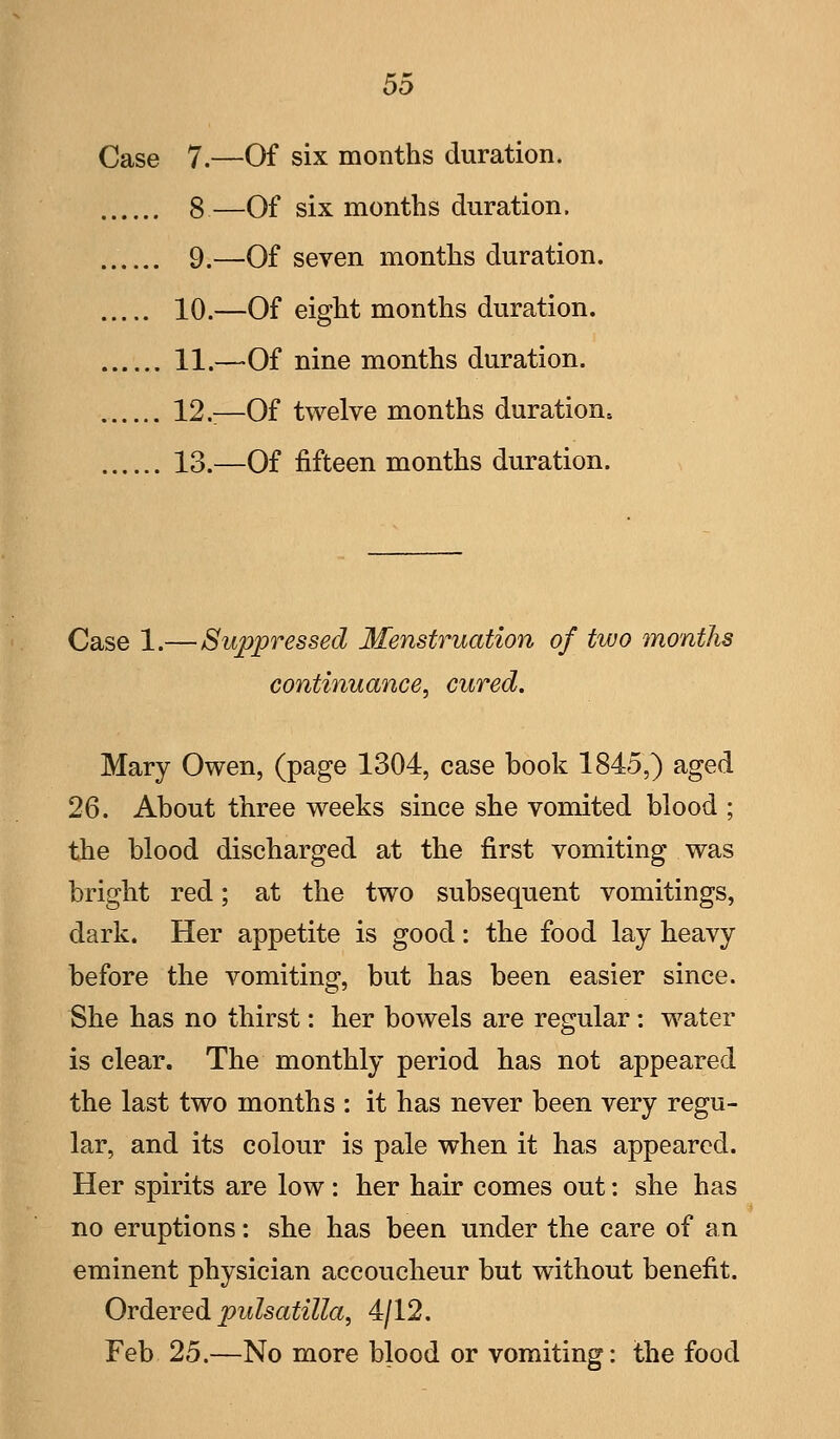 Case 7.—Of six months duration. 8 —Of six months duration, 9.—Of seven months duration. 10.—Of eight months duration. 11.—Of nine months duration. 12.:—Of twelve months duration. 13.—Of fifteen months duration. Case 1.—Suppressed Menstruation of two months continuance, cured. Mary Owen, (page 1304, case book 1845,) aged 26. About three weeks since she vomited blood ; the blood discharged at the first vomiting was bright red; at the two subsequent vomitings, dark. Her appetite is good: the food lay heavy before the vomiting, but has been easier since. She has no thirst: her bowels are regular: water is clear. The monthly period has not appeared the last two months : it has never been very regu- lar, and its colour is pale when it has appeared. Her spirits are low : her hair comes out: she has no eruptions: she has been under the care of an eminent physician accoucheur but without benefit. OrdiQTQ^ Pulsatilla, 4/12. Feb 25.—No more blood or vomiting: the food