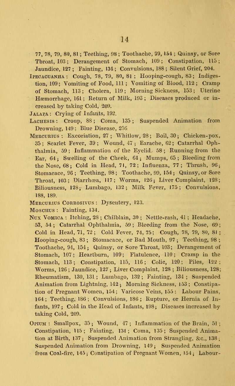 77, 78, 79, 80, 81; Teething, 98; Toothache, U9,154 ; Quinsy, or Sore Throat, 103; Derangement of Stomach, 109; Constipation, 115; Jaundice, 127 ; Fainting, 134 ; Convulsions, 188 ; Silent Grief, 204. Ipecacuanha : Cough, 78, 79, 80, 81 ; Hooping-cough, 83; Indiges- tion, 109; Vomiting of Food, HI ; Vomiting of Blood, 112 ; Cramp of Stomach, 113; Cholera, 119; Morning Sickness, 153; Uterine Haemorrhage, 161; Return of Milk, 193 ; Diseases produced or in- creased by taking Cold, 209. Jalapa : Crying of Infants, 192. Laches IS: Croup, 88; Coma, 135; Suspended Animation from Drowning, 149 ; Blue Disease, 256 Mercurius : Excoriation, 27 ; Whitlow, 28; Boil, 30; Chicken-pox, 35; Scarlet Fever, 39 ; Wound, 47 ; Earache, G2; Catarrhal Oph- thalmia, 59; Inflammation of the Eyelid.- 58 ; Running from the Ear, 64 J Swelling of the Cheek, 64; Mumps, 65 ; Bleeding from the Nose, 68; Cold in Head, 71, 72; Influenza, 77; Thrush, 96; Stomacace, 96 ; Teething, 98; Toothache, 99, 154 ; Quinsy, or Sore Throat, 103; Diarrhoea, 117; Worms, 126; Liver Complaint, 128; Biliousness, 128; Lumbago, 132; Milk Fever, 175; Convulsions, 188, 189. Mercurius Corrosivus : Dysentery, 123. Moschus : Fainting, 134. Nux Vomica : Itching, 28 ; Chilblain, 30 ; Nettle-rash, 41; Headache, 53, 54 ; Catarrhal Ophthalmia, 59 ; Bleeding from the Nose, 69 Cold in Head, 71, 72; Cold Fever, 74, 75; Cough, 78, 79, 80, 81 Hooping-cough, 83 ; Stomacace, or Bad Mouth, 97 ; Teething, 98 Toothache, 94, 154; Quinsy, or Sore Throat, 103; Derangement of Stomach, 107; Heartburn, 109; Flatulence, 110; Cramp in the Stomach, 113; Constipation, 115, 116; Colic, 120; Piles, 122 ; Worms, 126; Jaundice, 127; Liver Complaint, 128 ; Biliousness, 128; Rheumatism, 130, 131 ; Lumbago, 132 ; Fainting, 134 ; Suspended Animation from Lightning, 142; Morning Sickness, 153 ; Constipa- tion of Pregnant Women, 154; Varicose Veins, 155 : Labour Pains, 164; Teething, 186 ; Convulsions, 186; Rupture, or Hernia of In- fants, 197; Cold in the Head of Infants, 198; Diseases increased by taking Cold, 209. Opium : Smallpox, 35 ; Wound, 47 ; Inflammation of the Brain, 51; Constipation, 115 ; Fainting, 134 ; Coma, 135 ; Suspended Anima- tion at Birth, 137; Suspended Animation from Strangling, &c., 138; Suspended Animation from Drowning, 149 ; Suspended Animation from Coal-fire, 145; Constipation of Pregnant Women, 154; Labour-