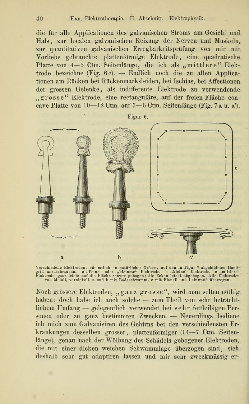 die für alle Applicationen des galvanischen Stroms am Gesicht und Hals, zur localen galvanischen Reizung der Nerven und Muskeln, zur quantitativen galvanischen Erregbarkeitsprüfung von mir mit Vorliebe gebrauchte plattenförmige Elektrode, eine quadratische Platte von 4—5 Ctm. Seitenlänge, die ich als „mittlere Elek- trode bezeichne (Fig. 6 c). — Endlich noch die zu allen Applica- tionen am Rücken bei Rückenmarksleiden, bei Ischias, bei Affectionen der grossen Gelenke, als indifferente Elektrode zu verwendende „grosse Elektrode, eine rectanguläre, auf der freien Fläche con- cave Platte von 10—12 Ctm. auf 5—6 Ctm. Seitenlänge (Fig. Tau. a'). Figur 6. Verschiedene Elektroden, sämmtlich in natürlicher Grösse, auf den in Figur 7 abgebildeten Hand- griff anzuschrauben, a „Feine oder ,,kleinste Elektrode, b ,,kleine Elektrode, c „mittlere Elektrode, ganz leicht auf die Fläche convex gebogen ; die Ecken leicht abgebogen. Alle Elektroden Ton Metall, vernickelt, a und b mit Badeschwamm, c mit Flanell und Leinwand überzogen. Noch grössere Elektroden, „ganz grosse, wird man selten nöthig haben; doch habe ich auch solche — zum Theil von sehr beträcht- lichem Umfang — gelegentlich verwendet bei sehr fettleibigen Per- sonen oder zu ganz bestimmten Zwecken. — Neuerdings bediene ich mich zum Galvanisiren des Gehirns bei den verschiedensten Er- krankungen desselben grosser, plattenförmiger (14—7 Ctm. Seiten- länge), genau nach der Wölbung des Schädels gebogener Elektroden, die mit einer dicken weichen Schwammlage überzogen sind, sich deshalb sehr gut adaptiren lassen und mir sehr zweckmässig er-