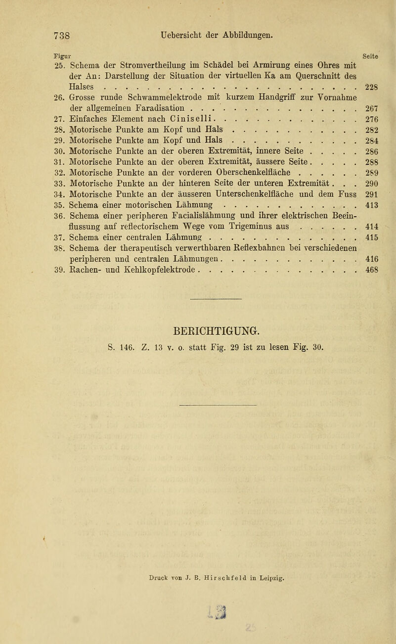 Pigur Seite 25. Schema der Stromvertheilung im Schädel bei Armirung eines Ohres mit der An: Darstellung der Situation der virtuellen Ka am Querschnitt des Halses 228 26. Grosse runde Schwammelektrode mit kurzem Handgriff zur Vornahme der allgemeinen Faradisation 267 27. Einfaches Element nach Ciniselli 276 28. Motorische Punkte am Kopf und Hals 282 29. Motorische Punkte am Kopf und Hals 284 30. Motorische Punkte an der oberen Extremität, innere Seite 286 31. Motorische Punkte an der oberen Extremität, äussere Seite 288 32. Motorische Punkte an der vorderen Oberschenkelfläche 289 33. Motorische Punkte an der hinteren Seite der unteren Extremität. . . 290 34. Motorische Punkte an der äusseren Unterschenkelfläche und dem Fuss 291 35. Schema einer motorischen Lähmung 413 36. Schema einer peripheren Facialislähmung und ihrer elektrischen Beein- flussung auf reflectorischem Wege vom Trigeminus aus 414 37. Schema einer centralen Lähmung 415 38. Schema der therapeutisch verwerthbaren Reflexbahnen bei verschiedenen peripheren und centralen Lähmungen 416 39. Rachen- und Kehlkopfelektrode 468 BERICHTIGUNG. S. 146. Z. 13 v. 0. statt Fig. 29 ist zu lesen Fig. 30. Druck von J. B. Hirscbfeld in Leipzig. a