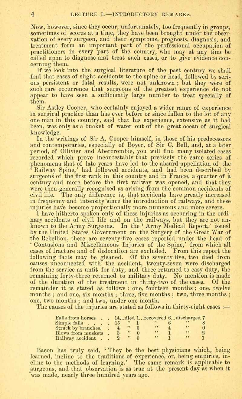 Now, however, since they occur, unfortunately, too frequently in groups, sometimes of scores at a time, they have been brought under the obser- vation of every surgeon, and their symptoms, prognosis, diagnosis, and treatment form an important part of the professional occupation of practitioners in every part of the country, who may at any time be called upon to diagnose and treat such cases, or to give evidence con- cerning them. If we look into the surgical literature of the past century we shall find that cases of slight accidents to the spine or head, followed by seri- ous persistent or fatal results, were not unknown ; but they were of such rare occurrence that surgeons of the greatest experience do not appear to have seen a sufficiently large number to treat specially of them. Sir Astley Cooper, who certainly enjoyed a wider range of experience in surgical practice than has ever before or since fallen to the lot of any one man in this country, said that his experience, extensive as it had been, was only as a bucket of water out of the great ocean of surgical knowledge. In the writings of Sir A. Cooper himself, in those of his predecessors and contemporaries, especially of Boyer, of Sir C. Bell, and, at a later period, of Ollivier and Abercrombie, you will find many isolated cases recorded which prove incontestably that precisely the same series of phenomena that of late years have led to the absurd appellation of the * Eailway Spine,' had followed accidents, and had been described by surgeons of the first rank in this country and in France, a quarter of a century and more before the first railway was opened, and that they were then generally recognised as arising from the common accidents of civil life. Tlie only difference is, that accidents have greatly increased in frequency and intensity since the introduction of railways, and these injuries have become proportionally more numerous and more severe. I have hitherto spoken only of these injuries as occurring in the ordi- nary accidents of civil life and on the railways, but they are not un- known to the Army Surgeons. In the ' Army Medical Report,' issued by the United States Government on the Surgery of the Great War of the Rebellion, there are seventy-five cases reported under the head of ' Contusions and Miscellaneous Injuries of the Spine,' from which all cases of fracture and of dislocation are excluded. From this report the following facts may be gleaned. Of the seventy-five, two died from causes unconnected with the accident, twenty-seven were discharged from the service as unfit for duty, and three returned to easy duty, the remaining forty-three returned to military duty. No mention is made of the duration of the treatment in thirty-two of the cases. Of the remainder it is stated as follows : one, fourteen months ; one, twelve months ; and one, six months ; three, five months ; two, three months ; one, two months ; and two, under one month. The causes of the injuries are stated as follows in thirty-eight cases :— Falls from horses . . , 14.. .died 1.. .recovered 6.. .discharged 7 Simple falls . . . . , 15  1 6 8 Struck by branches. 4  0 4 0 Blows from muskets . 3  0 1 2 Eailway accident . . 2  0 1 1 Bacon has truly said, ' They be the best physicians which, being learned, incline to the traditions of experience, or, being empirics, in- cline to the methods of learning.' The same remark is applicable to surgeons, and that observation is as true at the present day as when it was made, nearly three hundred years ago.