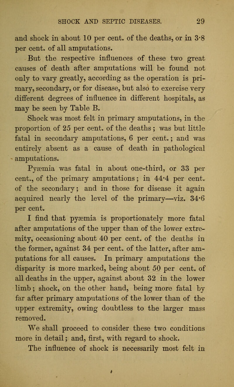 and shock in about 10 per cent, of the deaths, or in 3*8 per cent, of all amputations. But the respective influences of these two great causes of death after amputations will be found not only to vary greatly, according as the operation is pri- mary, secondary, or for disease, but also to exercise very different degrees of influence in different hospitals, as may be seen by Table B. Shock was most felt in primary amputations, in the proportion of 25 per cent, of the deaths ; was but little fatal in secondary amputations, 6 per cent.; and was entirely absent as a cause of death in pathological amputations. Pyaemia was fatal in about one-third, or 33 per cent., of the primary amputations; in 44*4 per cent, of the secondary; and in those for disease it again acquired nearly the level of the primary—viz. 34*6 per cent. I find that pyaemia is proportionately more fatal after amputations of the upper than of the lower extre- mity, occasioning about 40 per cent, of the deaths in the former, against 34 per cent, of the latter, after am- putations for all causes. In primary amputations the disparity is more marked, being about 50 per cent, of all deaths in the upper, against about 32 in the lower limb; shock, on the other hand, being more fatal by far after primary amputations of the lower than of the upper extremity, owing doubtless to the larger mass removed. We shall proceed to consider these two conditions more in detail; and, first, with regard to shock. The influence of shock is necessarily most felt in