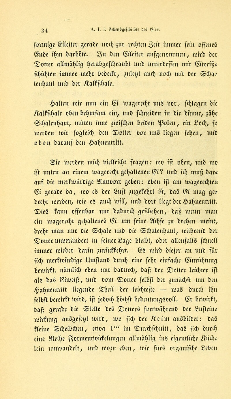 förmige dilcttcv gcrabc uod) ^itv rechten Bett immer fein offenes @nbe il;m barfcote. $u ben dilciter aufgenommen, wirb ber ©otter atttnäljlig IjcrafcgefdjrauBt unb unterbeffen mit ©imcifjs fd)fcfjten immer metjr ftebeeft, sule^t aua) noti) mit bei* @d)a= lenljaut «nb ber ^alffcfyale. galten mir nun ein di magerest un§ bor, fcfylagen bic Mffdjale ofcen M;utfam cm, unb fd)neiben tit bie bünue, jätje @d)alcuf;aut, mitten innc jmifcfyen fceibcn sßolen, ein Socfy, fo merben mir fogleid; ben ©otter bor wn8 liegen feljeu, unb o b e u barauf ben Hahnentritt. ©ic merben mid) m'cEcic^t fragen: mo ifi cfcen, unb wo ifi unten au einem magerest gehaltenen ©i? unb ia^ mu§ bar* auf bic merf'mürbigc 2lntmort gefcen: oBen ift am magercd)tcn (gi gcrabe ba, wo c§ ber Suft ^ugefe^rt i)t, ba§ Csi mag ges breljt merben, rote e3 aud) roifl, unb bort liegt ber Hahnentritt. £)ieä Fann offenbar nur baburd) gefeiten, baß menu man ein magcrcdjt gehaltenes ©i um feine 3ldjfc ju breiten meint, brefyt man nur bic @d)alc unb bic <Sd)atenl;aut, mä^renb ber ©ottcr unüeränbert in feiner Sage Mtibt, ober allenfalls fd)ncll immer mieber barin jurücffeljrt. (£3 roirb biejer an unb für ftdj mertWtrbige Itmftanb burdj eine fcljr einfadjc Gmtricfytung fceroirft, nämlid) cfccn nur baburd), ba§ ber ©ottcr leichter i\t als ba§ ®\wä$, unb bom £>ottcr fctBft ber junäc^ft um ben Hahnentritt tiegenbe %\z\i ber leidjtcfte — roaö burd? ilnt fclfcft Bcmirl't rottb, \\t jcbod) ljöa)ft Bcbeutungoboff. ®r fceroirft, bafj gerabc bic <&tdh bc§ ©ottcrä fortmäf)rcnb ber Suftein* Vüirfung auSgcfeijt mirb, wo fiel) ber Steim augfcilbct: bao f leine ©djeifcdjcn, etwa V im ©urd;fdmitt, baö fid) burd) eine Sftcilje ^ormentmicf'clungeu alhncifylig ins eigentlid)c «ftürfjs lein umroaubelt, unb rcojit cfccu, Wk fürä organifd)c ?eten