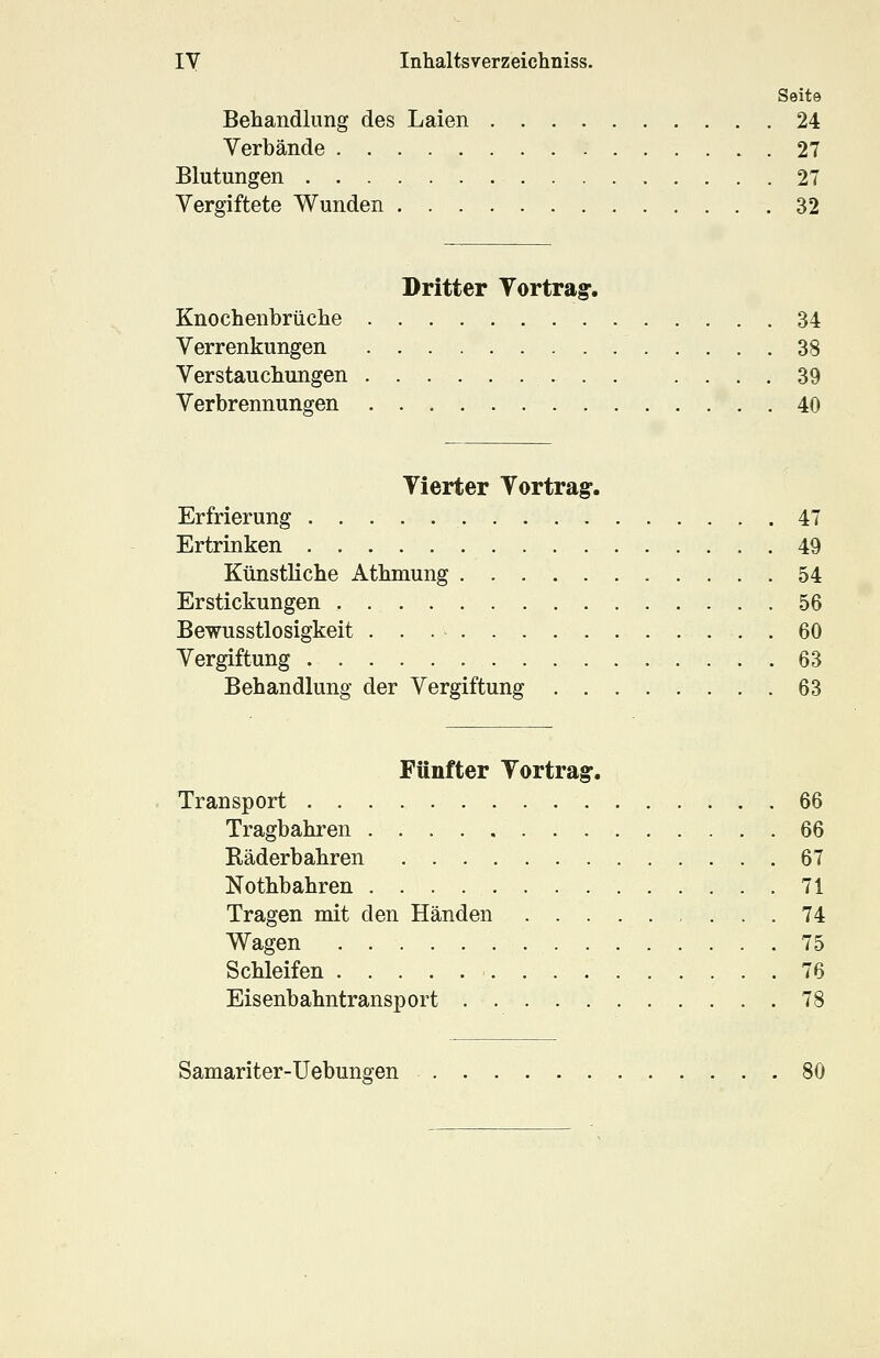 Seite Behandlung des Laien 24 Verbände 27 Blutungen 27 Vergiftete Wunden 32 Dritter Vortrag-. Knochenbrüche 34 Verrenkungen 38 Verstauchungen .... 39 Verbrennungen 40 Vierter Vortrag. Erfrierung 47 Ertrinken 49 Künstliche Athmung 54 Erstickungen 56 Bewusstlosigkeit . . . * . . . . 60 Vergiftung 63 Behandlung der Vergiftung 63 Fünfter Vortrag:. Transport 66 Tragbahren . : . . , 66 Räderbahren 67 Nothbahren . 71 Tragen mit den Händen , ... 74 Wagen 75 Schleifen 76 Eisenbahntransport 78 Samariter-Uebungen 80