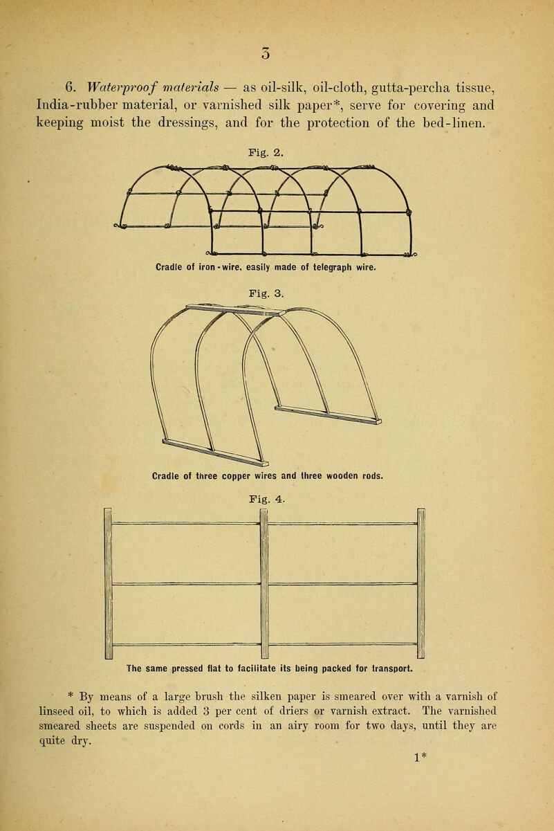 6. Waterproof materials — as oil-silk, oil-cloth, gutta-percha tissue, India-rubber material, or varnished silk paper*, serve for covering and keeping moist the dressings, and for the protection of the bed-linen. Pig. 2. Cradle of iron-wire, easily made of telegraph wire. Fig. 3. Cradle of three copper wires and three wooden rods. Fig. 4. The same pressed flat to facilitate its being packed for transport. * By means of a large brush the silken paper is smeared over with a varnish of linseed oil, to which is added 3 per cent of driers or varnish extract. The varnished smeared sheets are suspended on cords in an airy room for two days, until they are quite dry. 1*