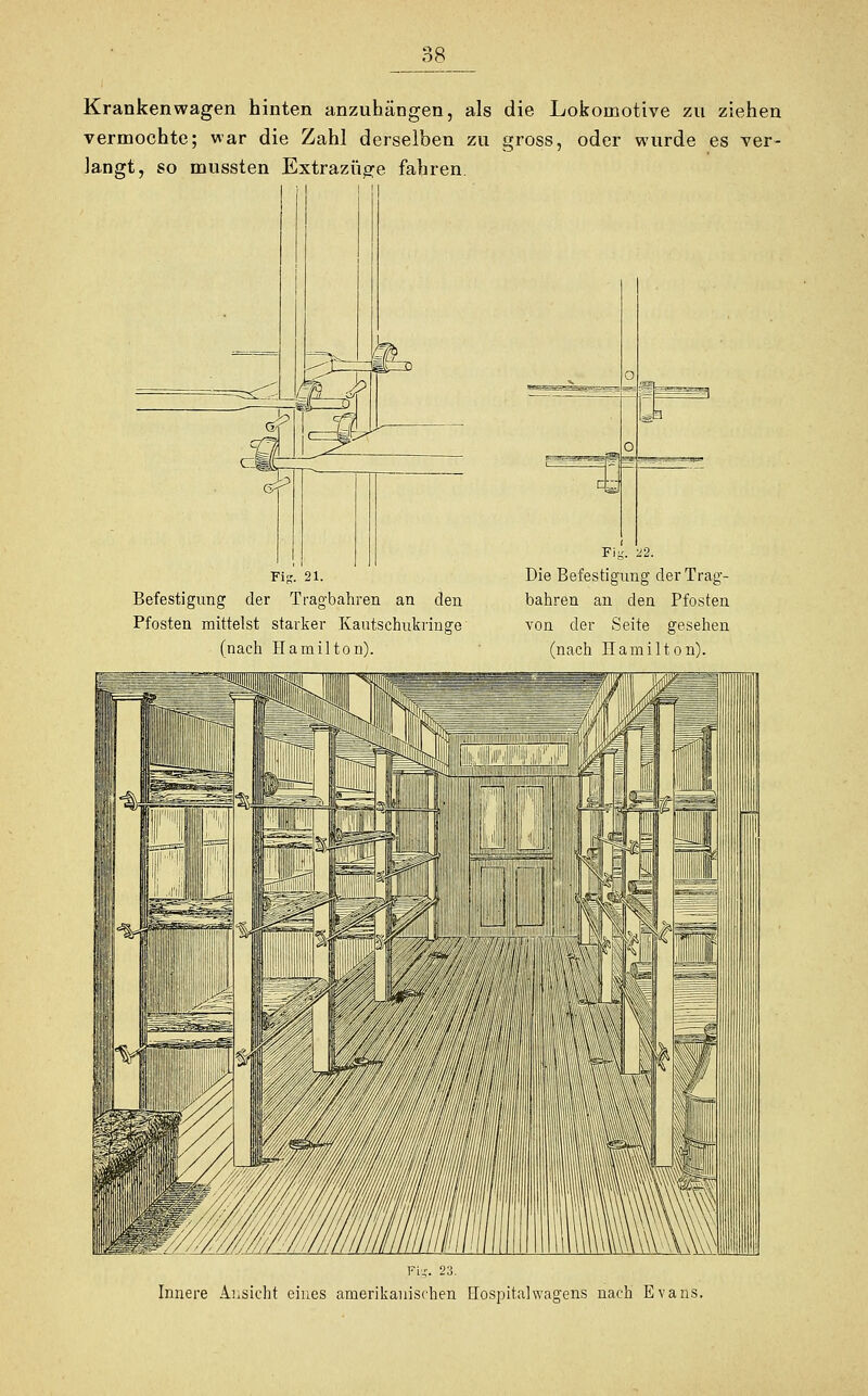 Krankenwagen hinten anzuhängen, als die Lokomotive zu ziehen vermochte; war die Zahl derselben zu gross, oder wurde es ver- langt, so mussten Extrazüge fahren. ^ s^iui <& Fig. 21. Befestigimg der Tragbahren an den Pfosten mittelst starker Kantsehukringe (nach Hamilton). o m o tt™1 n 9 Die Befestigung der Trag- bahren an den Pfosten von der Seite gesehen (nach Hamilton). Fig. 23. Innere Absicht eines amerikanischen Hospitalwagens nach Evans.