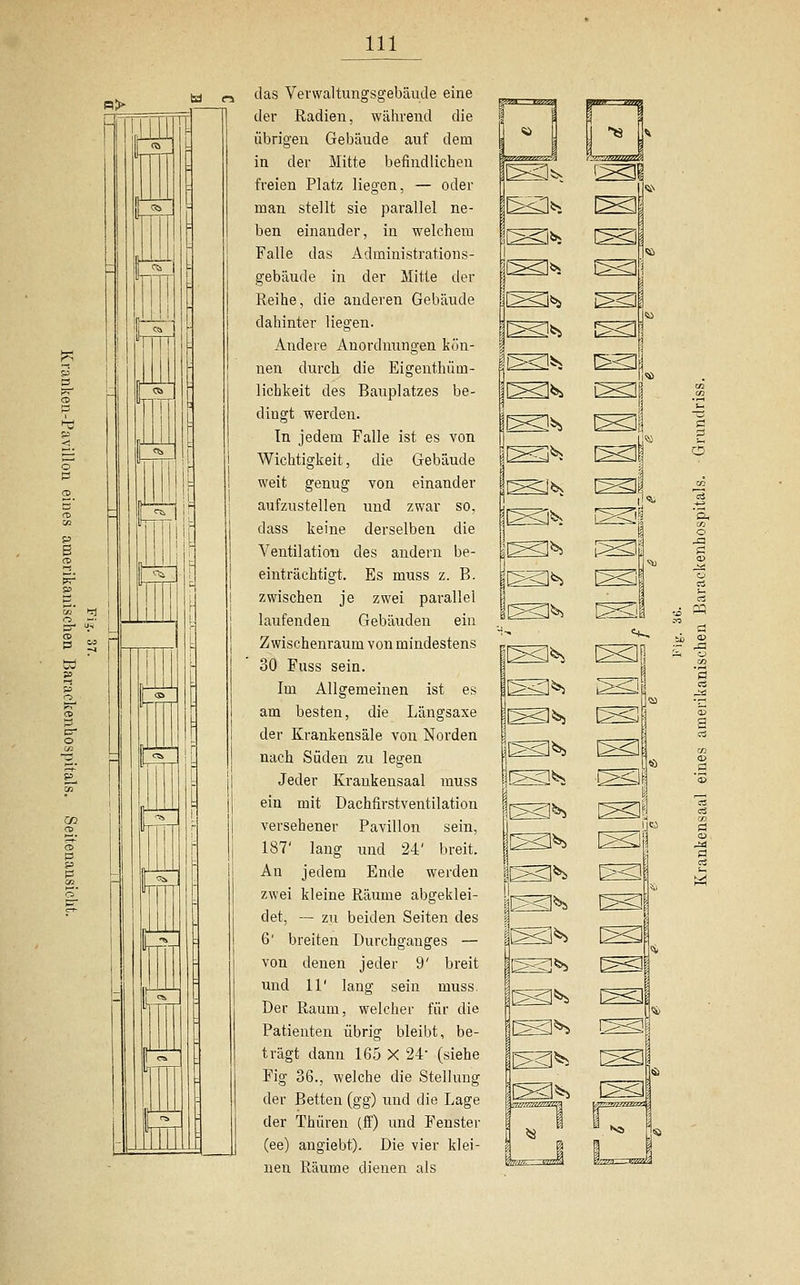 im tf- das Verwaltungsgebäude eine der Radien, während die übrigen Gebäude auf dem in der Mitte befindlichen freien Platz liegen, — oder man stellt sie parallel ne- ben einander, in welchem Falle das Administrations- gebäude in der Mitte der Reihe, die anderen Gebäude dahinter liegen. Andere Anordnungen kön- nen durch die Eigenthüm- lichkeit des Bauplatzes be- dingt werden. In jedem Falle ist es von Wichtigkeit, die Gebäude weit genug von einander aufzustellen und zwar so, dass keine derselben die Ventilation des andern be- einträchtigt. Es muss z. B. zwischen je zwei parallel laufenden Gebäuden ein Zwischenraum von mindestens 30 Fuss sein. Im Allgemeinen ist es am besten, die Längsaxe der Krankensäle von Norden nach Süden zu legen Jeder Krankensaal muss ein mit Dachfirstventilation versehener Pavillon sein, 187' lang und 24' breit. An jedem Ende werden zwei kleine Räume abgeklei- det, — zu beiden Seiten des 6' breiten Durchganges — von denen jeder 9' breit und 11' lang sein muss. Der Raum, welcher für die Patienten übrig bleibt, be- trägt dann 165 X 24' (siehe Fig 36., welche die Stellung der Betten (gg) und die Lage der Thüren (ff) und Fenster (ee) angiebt). Die vier klei- nen Räume dienen als r^3*i ii^te !^^ ^^ !^^ ;^3^ !L^^ i^Ji l^^H ^1 ^^ ^1 r^y [Sli fc P^cfo L^H ^l o pq so 2
