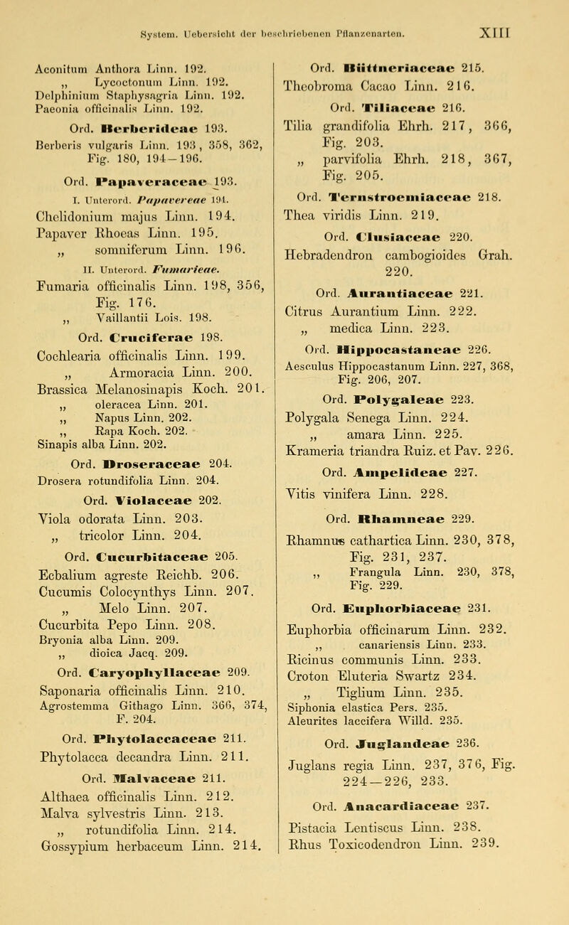 Aconitum Anthora Linn. 192. „ Lycoctonum Linn. 102. Delphininm Staphysagria Linn. 192. Paeonia officinalis Linn. 192. Ord. Berberldeae 193. Berberia vulgaris Linn. 19:$, 358, 362, Fig. 180, 194-196. Ord. I*a|iaveraceae ^93. T. Unterord. Papavereae 194. Chclidonium majus Lina. 194. Papavcr Rhocas Linn. 195. „ somniferum. Linn. 196. II. Unteroul. Fumarieae. Fumaria officinalis Linn. 198, 356, Fig. 17 6. ,, Vaülantii Lois. 198. Ord. Cruciferae 198. Cochlearia officinalis Linn. 199. „ Armoracia Linn. 200. Brassica Melanosinapis Koch. 201. „ oleracea Linn. 201. „ Napus Linn. 202. „ Kapa Koch. 202. Sinapis alba Linn. 202. Ord. Mroseraceae 204. Drosera rotundifolia Linn. 204. Ord. Violaceae 202. Viola odorata Linn. 203. „ tricolor Linn. 204. Ord. Cucurbitaceae 205. Ecbalium agreste Reichb. 206. Cucumis Colocynthys Linn. 207. „ Melo Linn. 207. Cucurbita Pepo Linn. 208. Bryonia alba Linn. 209. ,, dioica Jacq. 209. Ord. Caryopliyllaceae 209. Saponaria officinalis Linn. 210. Agrostemma Githago Linn. 366, 374, F. 204. Ord. I»Iiytolaccaceae 211. Phytolacca decandra Linn. 211. Ord. Malvaceae 211. Althaea officinalis Linn. 212. Malva sylvestris Linn. 213. „ rotundifolia Linn. 214. Gossypium herbaceum Linn. 214. Ord. Hiittiicriaceae 215. Tbcobroma Cacao Linn. 2 1 6. Ord. Tlllaceae 216. Tilia grandifolia Elirh. 217, 366, Fig. 203. „ parvifolia Ehrh. 218, 367, Fig. 205. Ord. Ternstrociiiiaccae 218. Thea viridis Linn. 219. Ord. Miisiaceae 220. Hebradendron carabogioides Grah. 220. Ord. Aitrantiaceae 221. Citrus Aurantium Linn. 222. „ medica Linn. 223. Ord. Hippocastaneae 226. Aesculus Hippocastanum Linn. 227, 368, Fig. 206, 207. Ord. Polygaleae 223. Polygala Senega Linn. 224. ,, amara Linn. 225. Krameria triandra Ruiz. et Pav. 226. Ord. Ampelideae 227. Vitis vinifera Linn. 228. Ord. Rhamneae 229. Rhamnu« cathartica Linn. 230, 378, Fig. 231, 237. ,, Frangula Linn. 230, 378, Fig. 229. Ord. Eupliorbiaceae 231. Euphorbia officinarum Linn. 232. „ canariensis Linn. 233. Ricinus communis Linn. 233. Croton Eluteria Swartz 234. „ Tiglium Linn. 235. Siphonia elastica Pers. 235. Aleurites laccifera Willd. 235. Ord. Jits^landeae 236. Juglans regia Linn. 237, 37 6, Fig. 224 — 226, 233. Ord. Anacardiaceae 237. Pistacia Lentiscus Linn. 238. Rhus Toxicodendron Linn. 239.