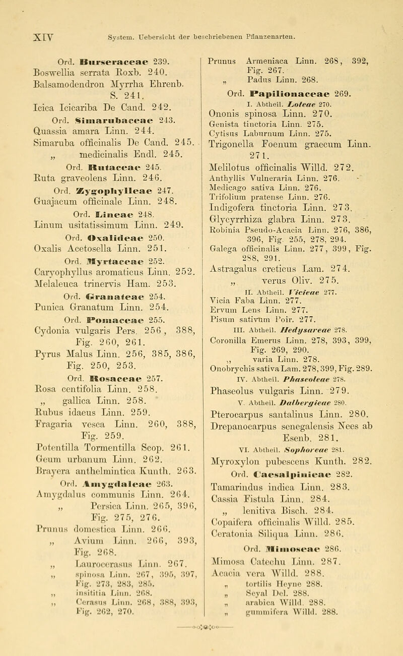 Ord. Bnrseraceae 239. Bosvfellia serrata Roxb. 240. Balsamodendron Myrrha Ehrenb. S. 241. Icica Icicariba De Cand. 242. Ord. Simarubaceae 243. Quassia amara Linn. 244. Simaruba officinalis De Cand. 245. „ medicinalis Endl. 245. Ord. Rutaceae 245. Buta graveolens Linn. 246. Ord. JZyg-opliylleae 247. Guajacuni officinale Linn. 248. Ord. liineae 248. Linum usitatissimum Linn. 249. Ord. Oxalideae 250. Oxalis Acetosella Linn. 251. Ord. Jlyrtaceae 252. Caryophyllus aromaticns Linn. 252. Melaleuca trinervis Ham. 253. Ord. Oranateae 254. Punica Grauatum Linn. 254. Ord. Pomaceae 255. Cydonia vulgaris Pers. 256 , 388, Fig. 260, 261. Pyrus Malus Linn. 256, 385, 386, Fig. 250, 253. Ord. Itosaceae 257. Ptosa centifolia Linn. 258. „ gallica Linn. 258. Ruhms idaeus Linn. 259. Fragaria vesca Linn. 260, 388, Fig. 259. Potentilla Tormentilla Scop. 261. Goum urbanum Linn. 262. Pra3rcra anthclmintica Kunth. 263. Ord. Aiiiy£><laleac 263. Amygdalus communis Linn. 264. „ Persica Linn. 265, 396, Fig. 275, 27 6. Primus domesticu Linn. 266. „ Avium linn. 266, 393, Fig. 268. „ Laurocerasue Linn. 267. „ spinosa Linn. 267, 396, 397, Fig. 278, 283, 285. „ insititia Linn. 268. „ Cerasus Linn. 268, 388, 393, Fig. 262, 270. Primus Armeniaca Linn. 268, 392, Fig. 267. „ Padus Linn. 268. Ord. Papilionaceae 269. I. Abtlieil. Loteae 270. Ononis spinosa Linn. 270. Genista tinctoria Linn. 275. Cytisus Laburnum Linn. 275. Trigonella Foenum graecum Linn. 271. Melilotus officinalis Willd. 272. Anthyllis Vulneraria Linn. 276. Medicago sativa Linn. 276. Trifolium pratense Linn. 276. Indigofera tinctoria Linn. 27 3. Glycyrrhiza glabra Linn. 273. Robinia Pseudo-Acacia Linn. 276, 386, 396, Fig. 255, 278, 294. Galega officinalis Linn. 277, 399, Fig. 288, 291. Astragalus creticus Lara. 274. „ verus Oliv. 27 5. II. Abtheil. Vicieae 277. Vicia Faba Linn. 277. Ervum Lens Linn. 277. Pisum sativum Poir. 277. III. Abtheil. Hedysareae 27S. Coronilla Emerus Linn. 278, 393, 399, Fig. 269, 290. ,, varia Linn. 278. Onobrychis sativa Lam. 278,399, Fig. 289. IV. Abtheil. P/iftseoleae 278. Phaseolus vulgaris Linn. 279. V. Abtheil. Dalberrfieae 2S0. Pterocarpus santalinus Linn. 280. Drepanocarpus senegalensis Nees ab Esenb. 281. VI. Abtheil. Sopltoreue 2S1. Myroxylon pubescens Kunth. 282. Ord. C'aesalpiiiieae 2S2. Tamarindus indica Linn. 283. Cassia Fistula Linn. 284. „ lenitiva Bisch. 284. Copaifera officinalis Willd. 285. Ceratonia Siliqua Linn. 286. Ord. Himoseae 286. Mimosa Catechu Linn. 287. Ar:,ri:, \ IT:I. \Vi||,l. 288. „ tortilis Heyne 288. „ Seyal Del. 288. arabica Willd. 288. „ gummifera Willd. 288.