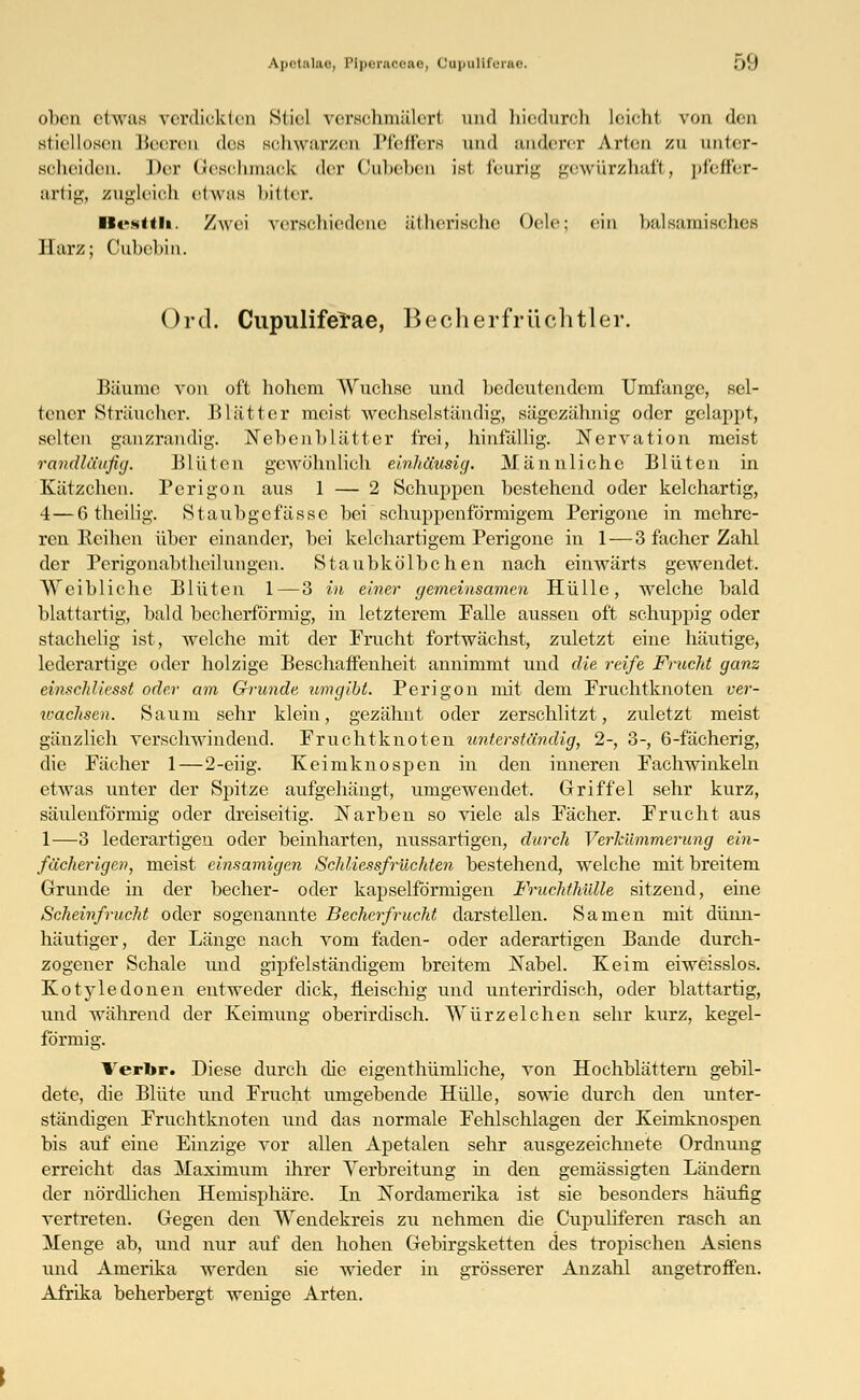 oben etwas verdickten Stiel verschmälert und hiedurch leichl von den stiellosen Meeren des schwarzen Pfeilers und anderer Arien zu unter- scheiden. Der Geschmaci der Cubeben ist feurig gewiirzhaft, pfeffer- artig, zugleich etwas bitter. iiosHii Zwei verschiedene ätherische Oele; ein balsamisches Harz; Gubebin. Ord. Cupuliferae, Becherfrüchtler. Bäume von oft hohem Wüchse und bedeutendem Umfange, sel- tener Sträucher. Blätter meist wechselständig, sägezähnig oder gelappt, selten ganzrandig. Nebenblätter frei, hinfallig. Nervation meist randläufig. Blüten gewöhnlich einhäusig. Männliche Blüten in Kätzchen. Perigon aus 1 — 2 Schuppen bestehend oder kelchartig, 4—6 theilig. Staubgefässe bei schuppenförmigeni Perigone in mehre- ren Reihen über einander, bei kclchartigern Perigone in 1—3 facher Zahl der Perigonabtheilungen. Staubkölbchen nach einwärts gewendet. Weibliche Blüten 1—3 in einer gemeinsamen Hülle, welche bald blattartig, bald becherförmig, in letzterem Falle aussen oft schuppig oder stachelig ist, welche mit der Frucht fortwächst, zuletzt eine häutige, lederartige oder holzige Beschaffenheit annimmt und die reife Frucht ganz einschliesst oder am Grunde umgibt. Perigon mit dem Fruchtknoten ver- wachsen. Saum sehr klein, gezähnt oder zerschlitzt, zuletzt meist gänzlich verschwindend. Fruchtknoten unterständig, 2-, 3-, 6-fächerig, die Fächer 1—2-eiig. Keimknospen in den inneren Fach winkeln etwas unter der Spitze aufgehängt, umgewendet. Griffel sehr kurz, säulenförmig oder dreiseitig. Narben so viele als Fächer. Frucht aus 1—3 lederartigen oder beinharten, nussartigen, durch Verkümmerung ein- fächerige», meist einsamigen Schliessfrüchten bestehend, welche mit breitem Grunde in der becher- oder kapseiförmigen Fruchthütte sitzend, eine Scheinfrucht oder sogenannte Becherfrucht darstellen. Samen mit dünn- häutiger, der Länge nach vom faden- oder aderartigen Bande durch- zogener Schale und gipfelständigem breitem Nabel. Keim eiweisslos. Kotyledonen entweder dick, fleischig und unterirdisch, oder blattartig, und während der Keimung oberirdisch. Würzelchen sehr kurz, kegel- förmig. Verbr. Diese durch die eigenthümliche, von Hochblättern gebil- dete, die Blüte und Frucht umgebende Hülle, sowie durch den unter- ständigen Fruchtknoten und das normale Fehlschlagen der Keimknospen bis auf eine Einzige vor allen Apetalen sehr ausgezeichnete Ordnung erreicht das Maximum ihrer Verbreitung in den gemässigten Ländern der nördlichen Hemisphäre. In Nordamerika ist sie besonders häufig vertreten. Gegen den Wendekreis zu nehmen die Cupuhferen rasch an Menge ab, und nur auf den hohen Gebirgsketten des tropischen Asiens und Amerika werden sie wieder in grösserer Anzahl angetroffen. Afrika beherbergt wenige Arten.