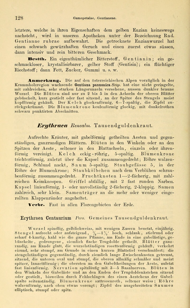 letztere, welche in ihren Eigenschaften dem gelben Enzian keineswegs nachsteht, wird in unseren Apotheken unter der Bezeichnung Rad. Gentianae rubrae aufbewahrt. Die getrocknete Enzianwurzel hat einen schwach gewürzhaften Geruch und einen zuerst etwas süssen, dann intensiv und rein bitteren Geschmack. Besttli. Ein eigenthümlicher Bitterstoff, Gentianin; ein ge- schmackloser, krystallisirbarer, gelber Stoff (Gentisin); ein flüchtiger Riechstoff; dann Fett, Zucker, Gummi u. s. w. Anmerkung. Die auf den österreichischen Alpen vorzüglich in der Krummholzregion wachsende Gentiana pannonica Scop. hat eine nicht geringelte, mit zahlreichen, sehr starken Längsrunzeln versehene, aussen dunkler braune Wurzel. Die Blüten sind nur zu 2 bis 5 in den Achseln der oberen Blätter gebiischelt, kurz gestielt oder fast sitzend, an der Spitze des Stengels meist kopfförmig gehäuft. Der Kelch glockenförmig, 8—7-spaltig, die Zipfel zu- rückgekrümmt. Die Blumenkrone keulenförmig glockig, mit dunkelrothen schwarz punktirten Abschnitten. Erylhmea Renealm. Tausendguldenkraut. Aufrechte Kräuter, mit gabelförmig getheilten Aesten und gegen- ständigen, ganzrandigen Blättern. Blüten in den Winkeln oder an den Spitzen der Aeste, seltener in den Blattachseln, einzeln oder ähren- förmig vereinigt. Kelch eckig - röhrig, 5-spaltig. Blumenkrone trichterförmig, zuletzt über die Kapsel zusammengedreht; Röhre walzen- förmig, Schlund nackt, Saum 5-spaltig. Staubgefässe 5, in der Röhre der Blumenkrone; Staubkölbchen nach dem Verblühen schrau- benförmig zusammengedreht. Fruchtknoten 1—2-fächerig, mit zahl- reichen Keimknospen. Griffel abfällig, mit 2 fast runden Narben. Kapsel linienförmig, 1- oder unvollständig 2-fächerig, 2-klappig. Samen zahlreich, sehr klein. Samenträger an die mehr oder weniger einge- rollten Klappenränder angeheftet. Verbr. Fast in allen Florengebieten der Erde. Erythraea Centamium Pers. Gemeines Tausendguldenkraut. Wurzel spindlig, gelblichweiss, mit wenigen Zasern besetzt, einjährig. Stengel aufrecht oder aufsteigend, '/2—1'/2' hoch, schlank, stielrund oder scharf 4-kantig, kahl wie die ganze Pflanze, am Ende in eine gabelästige, ge- büschelte , gedrungene, ziemlich flache Trugdolde getheilt. Blätter ganz- randig, am Rande glatt, die wurzelständigen rosettenförmig gehäuft, verkehrt eirund, sehr stumpf, am Grunde in einen kurzen Blattstiel verschmälert; die stengelständigen gegenständig, durch ziemlich lauge Zwischenknoten getrennt, sitzend, die unteren oval und stumpf, die oberen allmälig schmäler und meist spitzer, lanzettförmig ; die obersten an den Gabeltheilungen der Aeste, zuletzt fast linienförmig. Nervation spitzläutig mit 3—5 Basalnerven. Blüten in den Winkeln der Gabeläste und an den Enden der Trugdoldenästchen sitzend oder gestielt, bisweilen durch Fehlschlagen des einen Aestchens der Gabel- spalte seitenständig. Blumenkrone sattrosenroth, seltener weiss ; Röhre walzenförmig, nach oben etwas verengt; Zipfel des ausgebreiteten Saumes elliptisch, stumpf oder spitz.