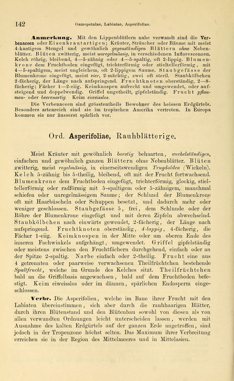 14:2 Gamopetalae, Labiatae, Asperifoliae. Anmerkung;. Mit den Lippenblütlern nahe verwandt sind die Ver- benaceen oder Eisenkrautartigen; Kräuter, Sträucher oder Bäume mit meist 4-kantigem Stengel und gewöhnlich gegenständigen Blättern ohne Neben- blätter. Blüten zwitterig, meist unregelmässig, in verschiedenen Inflorescenzen. Kelch röhrig, bleibend, 4—5-zähnig oder 4—5-spaltig, oft 2-lippig. Blumen- krone dem Fruchtboden eingefügt, trichterförmig oder stieltellerförmig, mit 4—5-spaltigem, meist ungleichem, oft 2-lippigem Saume. Staubgefasse der Blumenkrone eingefügt, meist vier, 2-mächtig, zwei oft steril. Staubkölbchen 2-fächerig, der Länge nach aufspringend. Fruchtknoten oberständig, 2—8- fächerig; Fächer 1—2-eiig. Keimknospen aufrecht und umgewendet, oder auf- steigend und doppelwendig. Griffel ungetheilt, gipfelständig. Frucht pflau- men- oder beerenartig. Keim eiweisslos. Die Verbenaceen sind grösstenteils Bewohner des heissen Erdgürtels. Besonders artenreich sind sie im tropischen Amerika vertreten. In Europa kommen sie nur äusserst spärlich vor. Ord. Asperifoliae, R au hb Tatterige. Meist Kräuter mit gewöhnlich borstig behaarten, wechelständigen, einfachen und gewöhnlich ganzen Blättern ohne Nebenblätter. Blüten zwitterig, meist regelmässig, in einerseitswendigen Trugdolden (Wickeln). Kelch 5-zähnig bis 5-theilig, bleibend, oft mit der Fracht fortwachsend. Blumenkrone dem Fruchtboden eingefügt, trichterförmig, glockig, stiel- tellerförmig oder radförmig mit 5-spaltigem oder 5-zähnigem, manchmal schiefen oder unregelmässigem Saume; der Schlund der Blumenkrone oft mit Haarbüscheln oder Schuppen besetzt, und dadurch mehr oder weniger geschlossen. Staubgefässe 5, frei, dem Schlünde oder der Röhre der Blumenkrone eingefügt tmd mit deren Zipfeln abwechselnd. Staubkölbchen nach einwärts gewendet, 2-fächerig, der Länge nach aufspringend. Fruchtknoten oberständig, 4-lappig, 4-fächerig, die Fächer 1-eiig. Keimknospen in der Mitte oder am oberen Ende des inneren Fachwinkels aufgehängt, umgewendet. Griffel gipfelständig oder meistens zwischen den Fruchtfächern durchgehend, einfach oder an der Spitze 2-spaltig. Narbe einfach oder 2-theilig. Frucht eine aus 4 getrennten oder paarweise verwachsenen Theilfrüchtchen bestehende Spaltfrucht, welche im Grunde des Kelches sitzt. Theilfrüchtchen bald an die Griffelbasis angewachsen, bald auf dem Fruchtboden befe- stigt. Keim eiweisslos oder im dünnen, spärlichen Endosperm einge- schlossen. Verlir. Die Asperifolien, welche im Baue ihrer Frucht mit den Labiaten übereinstimmen, sich aber durch die rauhhaarigen Blätter, durch ihren Blütenstand und den Blütenbau sowohl von diesen als von allen verwandten Ordnungen leicht unterscheiden lassen, werden mit Ausnahme des kalten Erdgürtels auf der ganzen Erde angetroffen, sind jedoch in der Tropenzone höchst selten. Das Maximum ihrer Verbreitung erreichen sie in der Begion des Mittelmeeres und in Mittelasien.