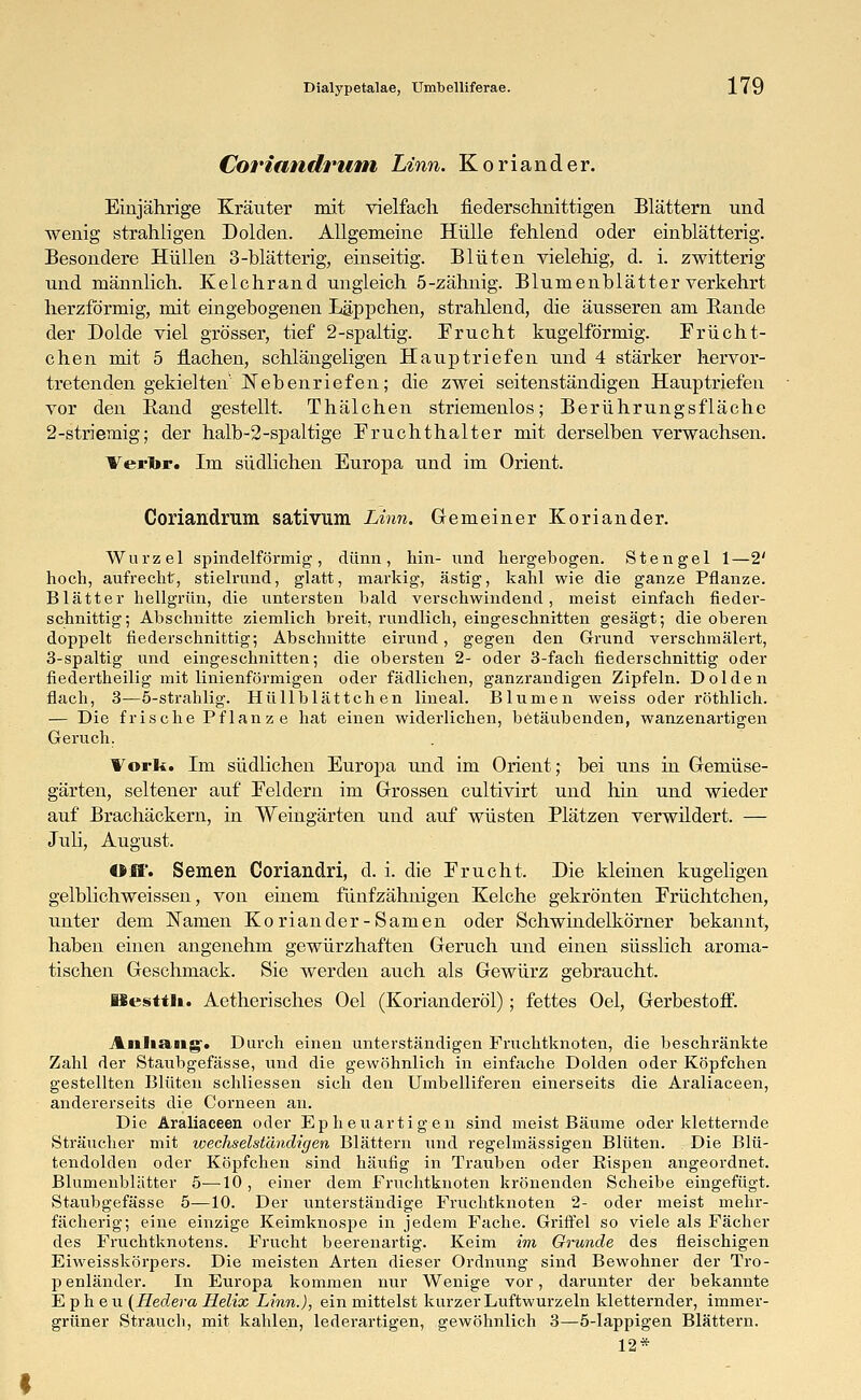 Coriandrum Linn. Koriander. Einjährige Kräuter mit vielfach fiederschnittigen Blättern und wenig strahligen Dolden. Allgemeine Hülle fehlend oder einblätterig. Besondere Hüllen 3-blätterig, einseitig. Blüten vielehig, d. i. zwitterig und männlich. Kelchrand ungleich 5-zähnig. Blumenblätter verkehrt herzförmig, mit eingebogenen Läppchen, strahlend, die äusseren am Bande der Dolde viel grösser, tief 2-spaltig. Frucht kugelförmig. Frücht- chen mit 5 flachen, schlängeligen Hauptriefen und 4 stärker hervor- tretenden gekielten Nebenriefen; die zwei seitenständigen Hauptriefen vor den Band gestellt. Thälchen striemenlos; Berührungsfläche 2-striemig; der halb-2-spaltige Fruchthalter mit derselben verwachsen. Verur. Im südlichen Europa und im Orient. Coriandrum sativum Linn. Gemeiner Koriander. Wurzel spindelförmig, dünn, hin- und hergebogen. Stengel 1—2' hoch, aufrecht, stielrund, glatt, markig, ästig, kahl wie die ganze Pflanze. Blätter hellgrün, die untersten bald verschwindend, meist einfach fieder- schnittig; Abschnitte ziemlich breit, rundlich, eingeschnitten gesägt; die oberen doppelt fiederschnittig; Abschnitte eirund, gegen den Grund verschmälert, 3-spaltig und eingeschnitten; die obersten 2- oder 3-fach fiederschnittig oder fiedertheilig mit linienförmigen oder fädlichen, ganzrandigen Zipfeln. Dolden flach, 3—5-strahlig. Hüllblättchen lineal. Blumen weiss oder röthlich. — Die frische Pf lanz e hat einen widerlichen, betäubenden, wanzenartigen Geruch. ¥ork. Im südlichen Europa und im Orient; bei uns in Gemüse- gärten, seltener auf Feldern im Grossen cultivirt und hin und wieder auf Brachäckern, in Weingärten und auf wüsten Plätzen verwildert. — Juli, August. Oll'. Semen Coriandri, d. i. die Frucht. Die kleinen kugeligen gelblichweissen, von einem fünfzähnigen Kelche gekrönten Früchtchen, unter dem Namen Koriander-Samen oder Schwindelkörner bekannt, haben einen angenehm gewürzhaften Geruch und einen süsslich aroma- tischen Geschmack. Sie werden auch als Gewürz gebraucht. üesttli. Aetherisches Oel (Korianderöl); fettes Oel, Gerbestoff. Anhang. Durch einen unterständigen Fruchtknoten, die beschränkte Zahl der Staubgefässe, und die gewöhnlich in einfache Dolden oder Köpfchen gestellten Blüten schliessen sich den Umbelliferen einerseits die Araliaceen, andererseits die Corneen an. Die Araliaceen oder Epheuartigen sind meist Bäume oder kletternde Sträucher mit wechselständigen Blättern und regelmässigen Blüten. Die Blü- tendolden oder Köpfchen sind häutig in Trauben oder Eispen angeordnet. Blumenblätter 5—10 , einer dem Fruchtknoten krönenden Scheibe eingefügt. Staubgefässe 5—10. Der unterständige Fruchtknoten 2- oder meist mehr- fächerig; eine einzige Keimknospe in jedem Fache. Griffel so viele als Fächer des Fruchtknotens. Frucht beerenartig. Keim im Grunde des fleischigen Eiweisskörpers. Die meisten Arten dieser Ordnung sind Bewohner der Tro- p enländer. In Europa kommen nur Wenige vor, darunter der bekannte Epheu (Hedera Helix Linn.), ein mittelst kurzer Luftwurzeln kletternder, immer- grüner Strauch, mit kahlen, lederartigen, gewöhnlich 3—5-lappigen Blättern. 12*