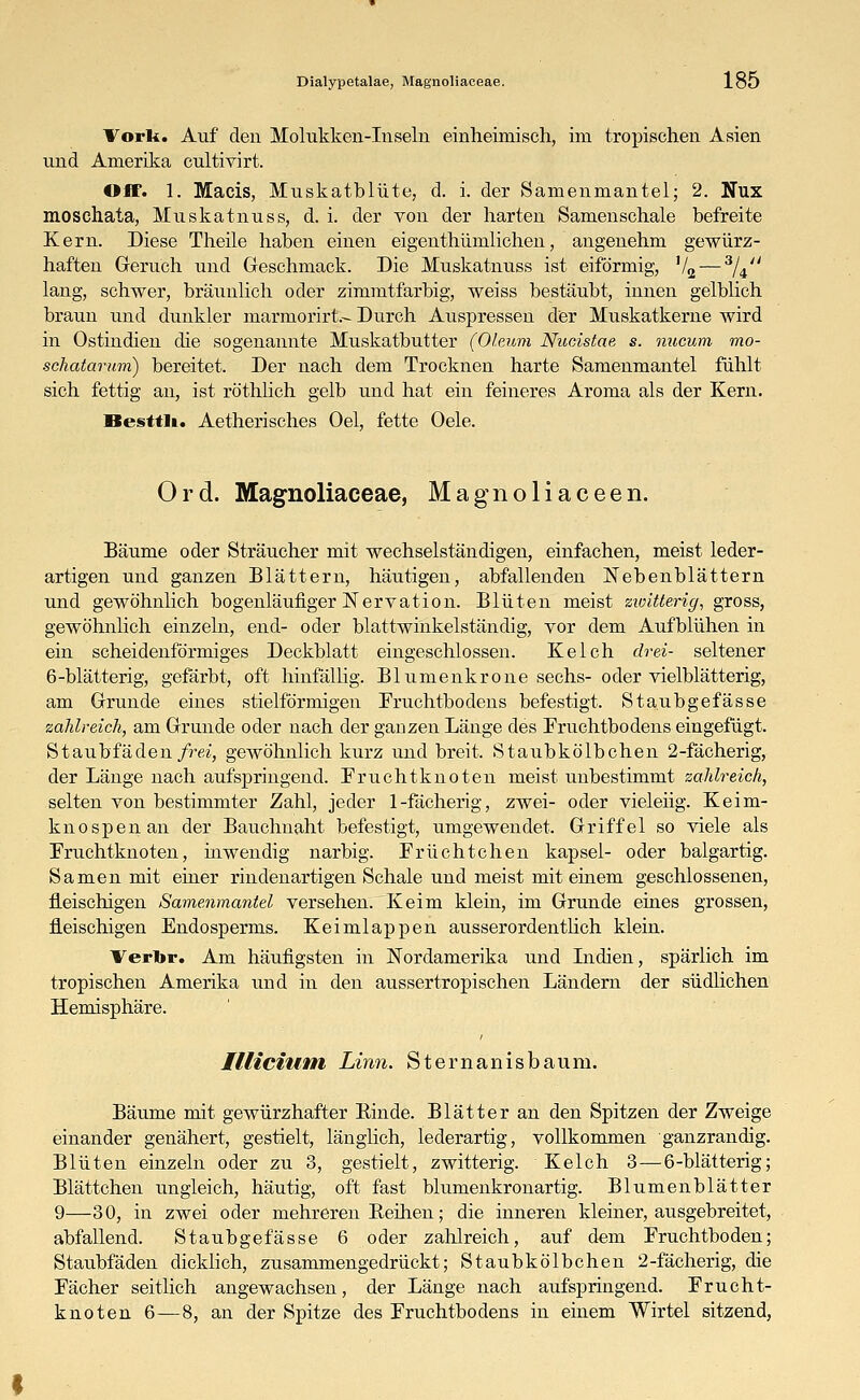 1 ork. Auf den Molukken-Inseln einheimisch, im tropischen Asien und Amerika cultivirt. Off. 1. Macis, Muskatblüte, d. i. der Samenmantel; 2. Nux moschata, Muskatnuss, d. i. der von der harten Samenschale befreite Kern. Diese Theile haben einen eigenthümlichen, angenehm gewürz- haften Geruch und Geschmack. Die Muskatnuss ist eiförmig, V2 — 3/4 lang, schwer, bräunlich oder zimmtfarbig, weiss bestäubt, innen gelblich braun und dunkler marmorirt.- Durch Auspressen der Muskatkerne wird in Ostindien die sogenannte Muskatbutter (Oleum Nucistae s. nucum mo- schatarum) bereitet. Der nach dem Trocknen harte Samenmantel fühlt sich fettig an, ist röthlich gelb und hat ein feineres Aroma als der Kern. Besttli. Aetherisches Oel, fette Oele. Ord. Magnoliaceae, Magnoliaceen. Bäume oder Sträucher mit wechselständigen, einfachen, meist leder- artigen und ganzen Blättern, häutigen, abfallenden Nebenblättern und gewöhnlich bogenläufiger Nervation. Blüten meist zwitterig, gross, gewöhnlich einzeln, end- oder blattwinkelständig, vor dem Aufblühen in ein scheidenförmiges Deckblatt eingeschlossen. Kelch drei- seltener 6-blätterig, gefärbt, oft hinfällig. Blumenkrone sechs- oder vielblätterig, am Grunde eines stielförmigen Fruchtbodens befestigt. Staubgefässe zahlreich, am Grunde oder nach der ganzen Länge des Fruchtbodens eingefügt. Staubfäden frei, gewöhnlich kurz und breit. Staubkölbchen 2-fächerig, der Länge nach aufspringend. Fruchtknoten meist unbestimmt zahlreich, selten von bestimmter Zahl, jeder 1-fächerig, zwei- oder vieleng. Keim- knospen an der Bauchnaht befestigt, umgewendet. Griffel so viele als Fruchtknoten, hiwendig narbig. Früchtchen kapsei- oder balgartig. Samen mit einer rindenartigen Schale und meist mit einem geschlossenen, fleischigen Samenmantel versehen. Keim klein, im Grunde eines grossen, fleischigen Endosperms. Keimlappen ausserordentlich klein. Verbr. Am häufigsten in Nordamerika und Indien, spärlich im tropischen Amerika und in den aussertropischen Ländern der südlichen Hemisphäre. Illicium Linn. Sternanis bäum. Bäume mit gewürzhafter Rinde. Blätter an den Spitzen der Zweige einander genähert, gestielt, länglich, lederartig, vollkommen ganzrandig. Blüten einzeln oder zu 3, gestielt, zwitterig. Kelch 3—6-blätterig; Blättchen ungleich, häutig, oft fast blumenkronartig. Blumenblätter 9—30, in zwei oder mehreren Reihen; die inneren kleiner, ausgebreitet, abfallend. Staubgefässe 6 oder zahlreich, auf dem Fruchtboden; Staubfäden dicklich, zusammengedrückt; Staubkölbchen 2-fächerig, die Fächer seitlich angewachsen, der Länge nach aufspringend. Frucht- knoten 6—8, an der Spitze des Fruchtbodens in einem Wirtel sitzend,