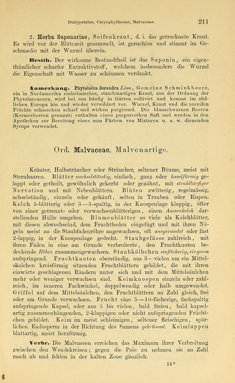 2. Herba Saponariae, Seifenkraut, d. i. das getrocknete Kraut. Es wird vor der Blütezeit gesammelt, ist geruchlos und stimmt im Ge- schmacke mit der Wurzel überein. ISesttli. Der wirksame Bestandtheil ist das Saponin, ein eigen- tümlicher scharfer ExtraktivstofF, welchem insbesondere die Wurzel die Eigenschaft mit Wasser zu schäumen verdankt. Anmerkung1« Phytolaeca decandra Linn., Gemeine S ehminkb eere, ein in Nordamerika einheimisches, staudenartiges Kraut, aus der Ordnung der Phytolaccaceen, wird bei uns häufig in Gärten cultivirt und kommt im süd- lichen Europa hin und wieder verwildert vor. Wurzel, Kraut und die unreifen Früchte schmecken scharf und wirken purgirend. Die blauschwarzen Beeren (Kermesbeeren genannt) enthalten einen purpurrothen Saft und werden in den Apotheken zur Bereitung eines zum Färben von Mixturen u. s. w. dienenden Syrups verwendet. Ord. Malvaceae, Malvenartige. Kräuter, Halbsträucher oder Sträucher, seltener Bäume, meist mit Sternhaaren. Blätter wechselständig, einfach, ganz oder handförmig ge- lappt oder getheilt, gewöhnlich gekerbt oder gezähnt, mit strahllänfiger Nervation und mit Nebenblättern. Blüten zwitterig, regelmässig, achselständig, einzeln oder gehäuft, selten in Trauben oder Bispen. Kelch 5-blätterig oder 3—5-spaltig, in der Knospenlage klappig, öfter von einer getrennt- oder verwachsenblätterigen, einen Aussenkelch dar- stellenden Hülle umgeben. Blumenblätter so viele als Kelchblätter, mit diesen abwechselnd, dem Fruchtboden eingefügt und mit ihren Nä- geln meist an die Staubfadenröhre angewachsen, oft ausgerandet oder fast 2-lappig, in der Knospenlage gedreht. Staubgefässe zahlreich, mit ihren Eäden in eine am Grunde verbreiterte, den Fruchtknoten be- deckende Röhre zusammengewachsen. Staubkölbchen einfächerig, ringsum aufspringend. Fruchtknoten oberständig, aus 3—vielen um ein Mittel- säulchen kreisförmig sitzenden Fruchtblättern gebildet, die mit ihren einwärts geschlagenen Bändern unter sich und mit dem Mittelsäulchen mehr oder weniger verwachsen sind. Keimknospen einzeln oder zahl- reich, im inneren Fachwinkel, doppelwendig oder halb umgewendet. Griffel auf dem Mittelsäulchen, den Fruchtblättern an Zahl gleich, frei oder am Grunde verwachsen. Frucht eine 5—10-fächerige, fachspaltig aufspringende Kapsel, oder aus 5 bis vielen, bald freien, bald kapsel- artig zusammenhängenden, 2-klappigen oder nicht aufspringenden Frücht- chen gebildet. Keim im meist schleimigen, seltener fleischigen, spär- lichen Endosperm in der Richtung des Samens gekrümmt. Keimlappen blattartig, meist herzförmig. l^erbr. Die Malvaceen erreichen das Maximum ihrer Verbreitung zwischen den Wendekreisen; gegen die Pole zu nehmen sie an Zahl rasch ab und fehlen in der kalten Zone gänzlich. 14*