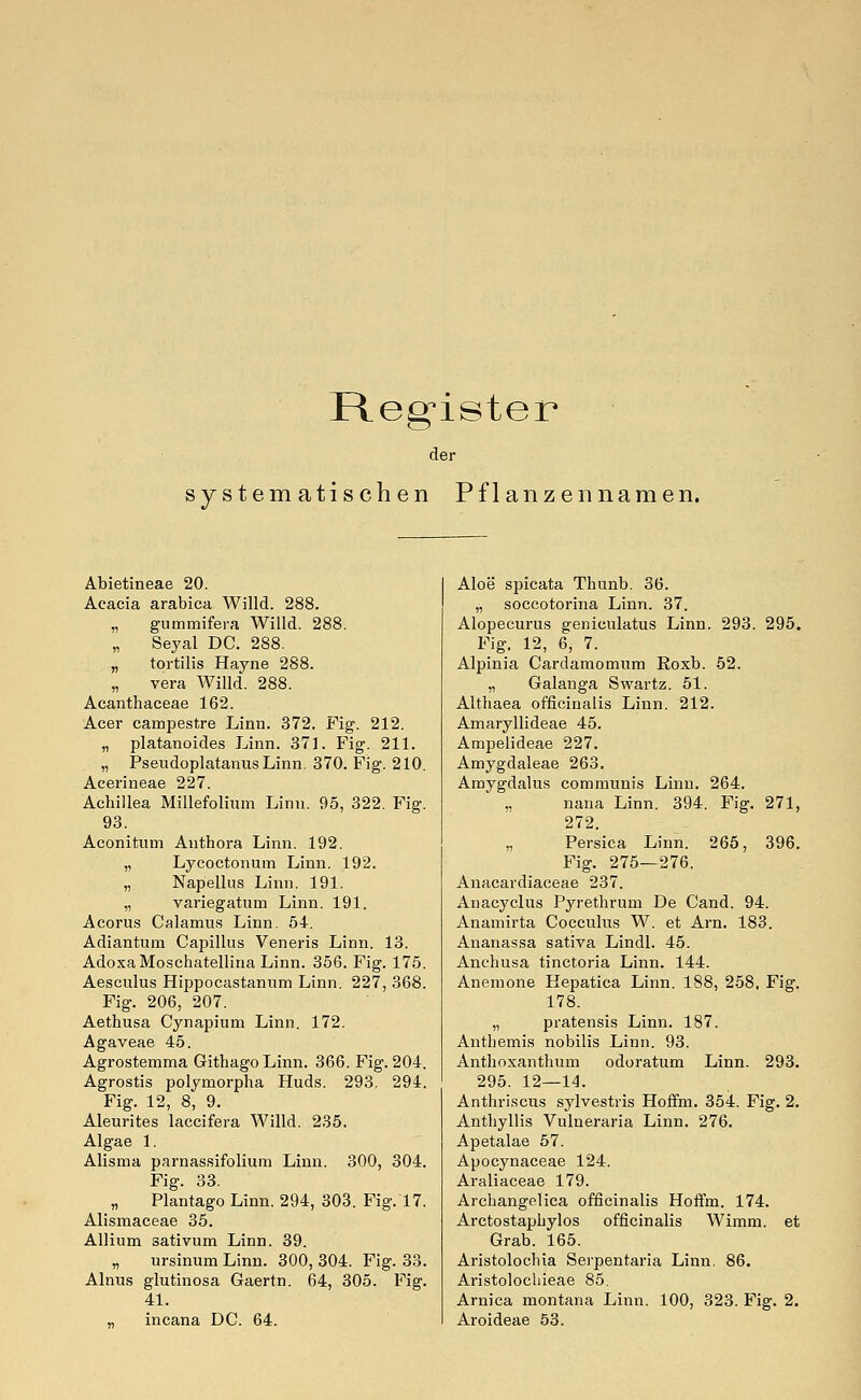 Register der systematischen Pflanzennamen. Abietineae 20. Acacia arabica Willd. 288. „ gummifera Willd. 288. „ Seyal DC. 288. „ tortilis Hayne 288. „ vera Willd. 288. Acanthaceae 162. Acer campestre Linn. 372. Fig. 212. „ platanoides Linn. 371. Fig. 211. „ PseudoplatanusLinn. 370. Fig. 210. Acerineae 227. Acbillea Millefolium Linn. 95, 322. Fig. 93. Aconitum Anthora Linn. 192. „ Lycoctonum Linn. 192. „ Napellus Linn. 191. „ variegatum Linn. 191. Acorus Calamus Linn. 54. Adiantum Capillus Veneris Linn. 13. AdoxaMoschatellina Linn. 356. Fig. 175. Aesculus Hippocastanum Linn. 227, 368. Fig. 206, 207. Aethusa Cynapiuru Linn. 172. Agaveae 45. Agrostemma Githago Linn. 366. Fig. 204. Agrostis polymorpha Huds. 293. 294. Fig. 12, 8, 9. Aleurites laccifera Willd. 235. Algae 1. Alisma parnassifolium Linn. 300, 304. Fig. 33. „ Plantago Linn. 294, 303. Fig. 17. Alismaceae 35. Allium sativum Linn. 39. „ ursinum Linn. 300, 304. Fig. 33. Almis glutinosa Gaertn. 64, 305. Fig. 41. „ incana DC. 64. Aloe spicata Thunb. 36. „ soccotorina Linn. 37. Alopecurus geniculatus Linn. 293. 295. Fig. 12, 6, 7. Alpinia Cardamomum Roxb. 52. „ Galanga Swartz. 51. Althaea officinalis Linn. 212. Amaryllideae 45. Ampelideae 227. Amygdaleae 263. Amygdalus communis Linn. 264. „ nana Linn. 394. Fig. 271, 272. „ Persica Linn. 265, 396. Fig. 275—276. Anacardiaceae 237. Anacyclus Pyrethrum De Cand. 94. Anamirta Cocculus W. et Arn. 183. Ananassa sativa Lindl. 45. Anchusa tinctoria Linn. 144. Anemone Hepatica Linn. 188, 258, Fig. 178. „ pratensis Linn. 187. Anthemis nobilis Linn. 93. Antlioxanthum odoratum Linn. 293. 295. 12—14. Anthriscus sylvestris Hoffm. 354. Fig. 2. Antbyllis Vulneraria Linn. 276. Apetalae 57. Apocynaceae 124. Araliaceae 179. Arcbangelica officinalis Hoffm. 174. Arctostapbylos officinalis Wimm. et Grab. 165. Aristolochia Serpentaria Linn. 86. Aristolochieae 85. Arnica montana Linn. 100, 323. Fig. 2. Aroideae 53.