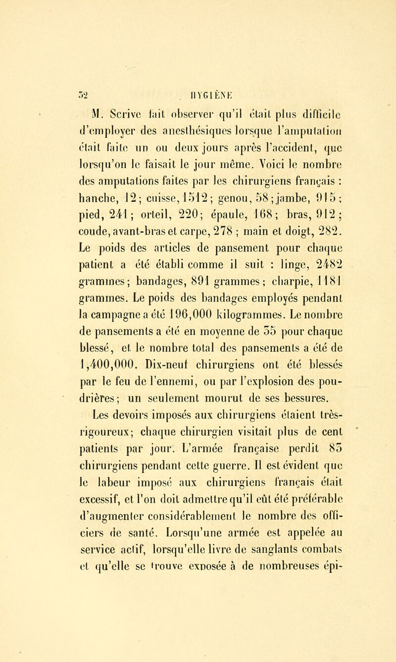 r.'2 . IIYGÏÈNK M. Scrivc lail observer qu'il étail plus difficile d'employer des aiieslhésiques lorsque l'ampulalioii était faite un ou deux jours après l'accident, que lorsqu'on le faisait le jour même. Voici le nombre des amputations faites par les chirurgiens français : hanche, 12; cuisse, 1512; genou, 58; jambe, 915; pied, 241; orteil, 220; épaule, 168; bras, 912: coude,avant-braset carpe, 278 ; main et doigt, 282. Le poids des articles de pansement pour chaque patient a été établi comme il suit : linge, 2482 grammes; bandages, 891 grammes; charpie, 1181 grammes. Le poids des bandages employés pendant la campagne a été 196,000 kilogrammes. Le nombre de pansements a été en moyenne de 55 pour chaque blessé, et le nombre total des pansements a été de 1,400,000. Dix-neuf chirurgiens ont été blessés par le feu de l'ennemi, ou par l'explosion des pou- drières; un seulement mourut de ses bessures. Les devoirs imposés aux chirurgiens étaient très- rigoureux; chaque chirurgien visitait plus de cent patients par jour. L'armée française perdit 85 chirurgiens pendant cette guerre. Il est évident que le labeur imposé aux chirurgiens français était excessif, et l'on doit admettre qu'il eût été préférable d'augmenter considérablement le nombre des offi- ciers de santé. Lorsqu'une armée est appelée au service actif, lorsqu'elle livre de sanglants combats et qu'elle se 'rouve exposée à de nombreuses épi-