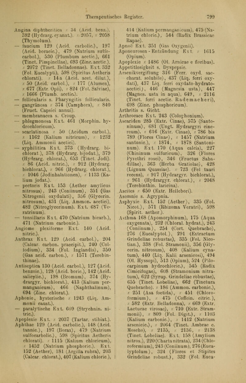 Angina diphtheritica 34 (Acid. benz.). 382 (Hydrarg. cyanat). 2057^x2058 (Thyrnolum). — faucium 129 (Acid. carbolic.), 197 (Acid. boracic), 479 (Natrium sulfo- carbol.), 530 (Plumbum aectie), 661 (Tirict. Pimpinellae), 693 (Zinc acetic.). x 2072 (Tinct. Belladonnae). Ext. 332 (Fol. Eucalypti), 598 (Spiritus Aetheris chlorati). x 14a (Acid. acet. dilut.), x 50 (Acid. carbol.), x 177 (Alumen), x 677 (Extr. Opii), x 824 (Fol. Salviae), x 1666 (Plumb. acetic). — follicularis s. Pharyngitis follicularis. — -gangraenosa x 374 (Camphora), x 840 (Fruct. Capsici annui). — raembranacea s. Croup. — phlegmonosa Ext. 461 (Morphin, hy- drochloricum). — scarlatinosa x 50 (Acidum carbol.), x 1162 (Kalium nitricum), x 1232 (Liq. Ammonii acetici). — syphilitica Ext. 373 (Hydrarg. bi- chlorat), 378 (Hydrarg. bijodat), 379 (Hydrarg. chlorat.), 653 (Tinct. Jodi). < 86 (Acid. nitric.), x 912 (Hydrarg. bichlorat.), x 966 (Hydrarg. chlorat.), x 1046 (Jodinhalationen), x 1133 (Ka- lium jodat.). — pectoris Ext. 153 (Aether amyiicus nitrosus). 243 (Coniinum), 351 (Gas Nitrogenii oxydulati), 356 (Glycerin. nitrosum), 431 (Liq. Ammon. acetici), 482 (Nitroglycerinum). Ext. 687 (Ve- ratrinum). — tonsillaris Ext. 470 (Natrium bicarb.), 471 (Natrium carbonic). Angiomu plexiforme Ext. 140 (Acid. nitric). Anthrax Ext. 129 (Acid. carbol.), 204 (Calcar. carbon. praeeipit.), 240 (Col- lodium), 334 (Fol. lnglandis), 350 (Gas acid. carbon.), x 1571 (Terebin- thinae). Antiseptica 130 (Acid. carbol.), 127 (Acid. benzoie), 128 (Acid. boric), 142 (Acid. salicylic), 198 (Uromum), 374 (Hy- drargyr. bichlorat.), 413 (Kalium per- manganicum), 466 (Naphthalinum), 694 (Zinc. chlorat.). Aphonie, hysterische / 1243 (Liq. Am- monii caust.). — paralytische Ext. 609 (Strychnin. ni- tric). Apoplexie Ext. 2037 (Tartar. stibiat). Apbthae 129 (Acid. carbolic), L48 (Acid. tannic), 197 (Borax), 479 (Natrium sulfocarbolic), 598 (Spiritus Aetheris chlorati). 1115 (Kalium chloricum), 1452 (Natrium phosphoric). Ext. 152 (Aether), 1S1 (Argilla rubra), 203 (Calcar. chlorat.),407(Kalium chloric), 414 (Kalium permanganicum), 475 (Na- trium chloric), 544 (Radix Brassicae Rapae). Apnoe Ext. 351 (Gas Oxygenii). Aponeurosen - Entzündung Ext. x 1615 (Opium). Apoplexie x 1486 (Ol. Arnicae e floribus). Appetitlosigkeit s. Dyspepsie. Arsenikvergiftung 316 (Ferr. oxyd. sac- charat. solubile), 437 (Liq. ferri oxy- dati), 437 Liq. ferri oxydato-hydrato- acetici;, 446 (Magnesia usta), 447 (Magnes. usta in aqua), 649, x 2116 (Tinct. ferri acetic. Rademacheri), 698 (Zinc. phosphoricum). Arthritis s. Gicht. Arthrocace Ext. 243 (Colophonium). Ascariden 285 (Extr. Cinae), 575 (Santo- ninum), 681 (Ungt. Hydrargyri eine reum). x 616 (Extr. 789 (Flores Cinae), santonic), x 1874, num). Ext. 170 (Aqua (Chininum sulfuricum), Cinae), x 786 bis x 1457 (Natrium • 1878 (Santoni- calcis), 227 326 (Flores Pyrethri rosei), 346 (Fructus Saba- dillae), 363 (Herba Gratiolae), 428 (Lignum Quassiae). x 723 (Fei tauri recens), x 917 (Hydrargvr. bichlorat.), x 961 (Hydrargyr. chlorat.), x 2048 (Terebinthin. laricina). Ascites x 650 (Extr. Heilebori). Asomnie s. Agrypnia. Asphyxie Ext. 152 (Aether), 335 (Fol. Nicot.), 571 (Rhizoma Veratri), 598 (Spirit. aether). Asthma 168 (Apomorphinum), 175 (Aqua oxygenata), 232 (Chloral. hydrat.), '243 (Coniinum), 254 (Cort. Quebracho), 276 (Eucalyptol.), 291 (Extractum Grindeliae robustae), 335 (Fol. Nico- tian.), 338 (Fol. Stramonii), 356 (Gly- cerin. nitrosum), 408 (Kalium cyna- tum), 440 (Liq. Kalii arsenicosi), 494 (Ol. Hyssopi), 513 (Opium), 524 (Pilo- carpinum hydrochloric), 545 (Radix Cimicifugae), 6U8 (Stramonium nitra- tum), 622 (Syrup. Grindeliae robustae), 655 (Tinct. Lobeliae), 662 (Tinctura Quebracho). x 186 (Ammon. carbonic), x 251 (Asa foetida), x 451 (Chloro- formium), x 475 (Coffein, citric.), x 582 (Extr. Belladonna), x 669 (Extr. Lactucae virosae), x 710 (Extr. Stram- monii), x 809 (Fol. Digit.), x 1103 (Kalium carbonic), x 1412 (Natrium arsenieie), 2064 (Tinct. Ambrar c. Moscho), 2135, 2136, 2138 (Tinct. Lobeliae). Ext. L58 (Amylium oitros.), 220 (Charta nitrata), 234 (Chlo- roformium), 243 (Coniinum), 27(;(vKu<,a- lyptolum), 324 (Flores e1 Stipites Grindeliae robust.), .'532 (Fol. Euca-