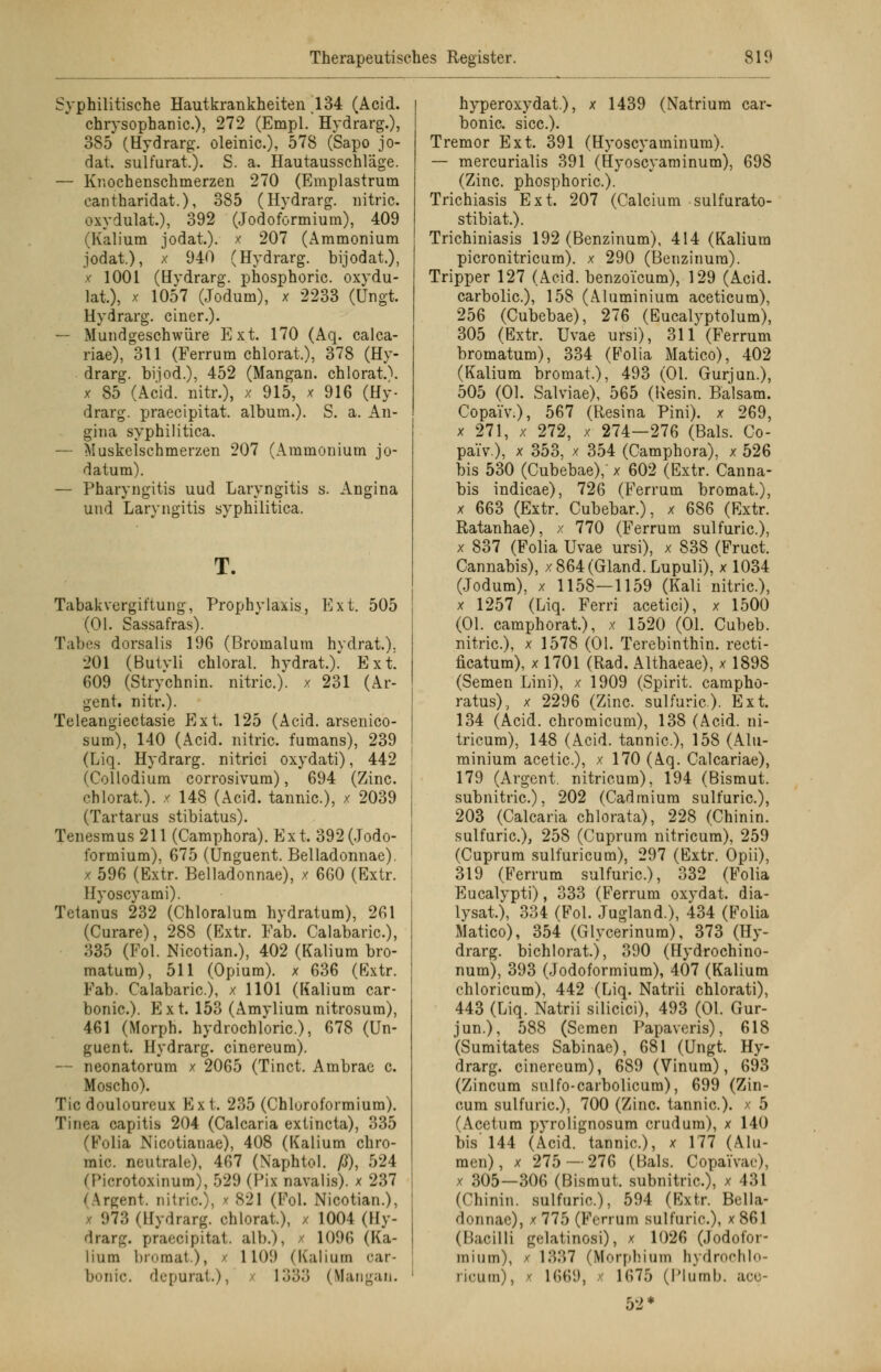 Syphilitische Hautkrankheiten 134 (Acid. chrysophanic), 272 (Empl. Hydrarg.)? 385 (Hydrarg. oleinic), 578 (Sapo jo- dat. sulfurat). S. a. Hautausschläge. — Knochenschinerzen 270 (Emplastruin eantharidat), 385 (Hydrarg. nitric. oxydulat.), 392 (Jodoformiura), 409 (Kalium jodat). x 207 (Ammonium jodat.), x 940 (Hydrarg. bijodat.), x 1001 (Hvdrarg. phosphoric. oxydu- lat.), x 1057 (Jodum), x 2233 (üngt. Hydrarg. einer.). — Mundgeschwüre Ext. 170 (Aq. calca- riae), 311 (Ferrum chlorat), 378 (Hy- drarg, bijod.), 452 (Mangan. chloraO. x 85 (Acid. nitr.), x 915, x 916 (Hy- drarg, praeeipitai album.). S. a. An- gina syphilitica. — Muskelschmerzen 207 (Ammonium jo- datum). — Pharyngitis uud Laryngitis s. Angina und Laryngitis syphilitica. T. Tabakvergiftung, Prophylaxis, Ext. 505 (Ol. Sassafras). Tabes dorsalis 196 (Bromalum hvdrat.). 201 (Butvli chloral. hydrat.). Ext 609 (Strychnin. nitric). x 231 (Ar- gent. nitr.). Teleangiectasie Ext. 125 (Acid. arsenico- sum), 140 (Acid. nitric. fumans), 239 (Liq. Hydrarg. nitrici oxydati), 442 (Collodium corrosivum), 694 (Zinc. chlorat). x 148 (Acid. tannic), x 2039 (Tartarus stibiatus). Tenesmus 211 (Camphora). Ext. 392(Jodo- formium), 675 (Unguent Belladonnae). x 596 (Extr. Belladonnae), x 660 (Extr. Hyoscyami). Tetanus 232 (Chloralum hydratum), 261 (Curare), 288 (Extr. Fab. Calabaric), 335 (Fol. Nicotian.), 402 (Kalium bro- matum), 511 (Opium), x 636 (Extr. Fab. Calabaric), x 1101 (Kalium car- bonic). E x t. 153 (Amylium nitrosum), 461 (Morph, hydrochloric), 678 (Un- guent. Hydrarg. cinereum). — neonatorum x 2065 (Tinct. Ambrae c Moscho). Tic douloureux Ext. 235 (Chloroformium). Tinea capitis 204 (Calcaria extineta), 335 (Folia Nicotianae), 408 (Kalium chro- mic. neutrale), 467 (Xaphtol. ß), 524 (Ticrotoxinum), 529 (Pix navalis). x 237 I \rgent. nitric), x S21 (Fol. Nicotian.), 973 (Hydrarg. chlorat.), x 1004 (Hy- drarg, praeeipitat. alb.), x 1 <)!)(> (Ka- linm bromat), / 1109 (Kalium oar- bonic. depurat), ]'.)'.'>'.'> (Mangan. hyperoxydat.), x 1439 (Natrium car- bonic. sicc). Tremor Ext. 391 (Hyoscyaminum). — mercurialis 391 (Hyoscyaminum), 698 (Zinc phosphoric). Trichiasis Ext. 207 (Calcium sulfurato- stibiat). Trichiniasis 192 (Benzinum), 414 (Kalium picronitricum). x 290 (Benzinum). Tripper 127 (Acid. benzo'icum), 129 (Acid. carbolic), 158 (Aluminium aceticum), 256 (Cubebae), 276 (Eucalyptolum), 305 (Extr. TJvae ursi), 311 (Ferrum bromatum), 334 (Folia Matico), 402 (Kalium bromat.), 493 (Ol. Gurjun.), 505 (Ol. Salviae), 565 (Resin. Balsam. Copaiv.), 567 (Resina Pini). x 269, x 271, x 272, x 274—276 (Bals. Co- paiv.), x 353, x 354 (Camphora), x 526 bis 530 (Cubebae), x 602 (Extr. Canna- bis indicae), 726 (Ferrum bromat), x 663 (Extr. Cubebar.), x 686 (Extr. Ratanhae), x 770 (Ferrum sulfuric), x 837 (Folia Uvae ursi), x 838 (Fruct. Cannabis), x 864 (Gland. Lupuli), x 1034 (Jodum), x 1158—1159 (Kali nitric), x 1257 (Liq. Ferri acetici), x 1500 (Ol. camphorat), x 1520 (Ol. Cubeb. nitric), x 1578 (Ol. Terebinthin. recti- ficatum), x 1701 (Rad. Althaeae), x 1898 (Semen Lini), x 1909 (Spirit. campho- ratus), x 2296 (Zinc. sulfuric). Ext. 134 (Acid. chromicum), 138 (Acid. ni- tricum), 148 (Acid. tannic), 158 (Alu- minium acetic), x 170 (Aq. Calcariae), 179 (Argent. nitricum), 194 (Bismut. subnitric), 202 (Cadrnium sulfuric), 203 (Calcaria chlorata), 228 (Chinin, sulfuric), 258 (Cuprum nitricum), 259 (Cuprum sulfuricum), 297 (Extr. Opii), 319 (Ferrum sulfuric), 332 (Folia Eucalypti), 333 (Ferrum oxydat. dia- lysat), 334 (Fol. Jugland.), 434 (Folia Matico), 354 (Glycerinum), 373 (Hy- drarg, bichlorat), 390 (Hydrochino- num), 393 (Jodoformium), 407 (Kalium chloricum), 442 (Liq. Natrii chlorati), 443 (Liq. Natrii silicici), 493 (Ol. Gur- jun.), 588 (Semen Papaveris), 618 (Sumitates Sabinae), 681 (Ungt Hy- drarg, cinereum), 689 (Vinum), 693 (Zincum sulfo-carbolicura), 699 (Zin- cum sulfuric), 700 (Zinc. tannic). x 5 (Acetura pyrolignosum crudura), x 140 bis 144 (Acid. tannic), x 177 (Alu- men), x 275 — 276 (Bals. Copai'vac), x 305—306 (Bismut. subnitric), x 431 (Chinin, sulfuric), 594 (Extr. Bella- donnae), x 775 (Ferrum sulfuric), x861 (Bacilli gelatinosi), x 1026 (Jodofor- mium), x 1337 (Morphium hydroohlo- ricum), x 1669, x 1675 (l'lumb. aco- 52*