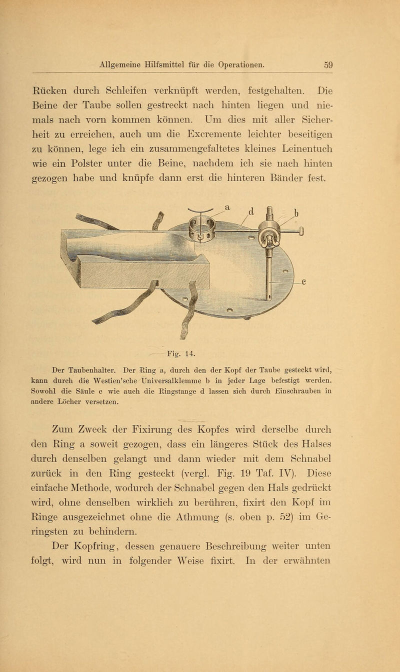 Rücken durch Schleifen verknüpft werden, festgehalten. Die Beine der Taube sollen gestreckt nach hinten liegen und nie- mals nach vorn kommen können. Um dies mit aller Sicher- heit zu erreichen, auch um die Excreinente leichter beseitigen zu können, lege ich ein zusammengefaltetes kleines Leinentuch wie ein Polster unter die Beine, nachdem ich sie nach hinten gezogeu habe und knüpfe dann erst die hinteren Bänder fest. Fig. 14. Der Taubenhalter. Der Hing a, durch den der Kopf der Taube gesteckt wird, kann durch die Westien'sche Universalklemme b in jeder Lage befestigt werden. Sowohl die Säule c wie auch die Ringstange d lassen sich durch Einschrauben in andere Löcher versetzen. Zum Zweck der Fixirung des Kopfes wird derselbe durch den Ring a soweit gezogen, dass ein längeres Stück des Halses durch denselben gelangt und dann wieder mit dem Schnabel zurück in den Ring gesteckt (vergl. Fig. 19 Taf. IV). Diese einfache Methode, wodurch der Schnabel gegen den Hals gedrückt wird, ohne denselben wirklich zu berühren, fixirt den Kopf im Ringe ausgezeichnet ohne die Athmung (s. oben p. 52) im Ge- ringsten zu behindern. Der Kopfring, dessen genauere Beschreibung weiter unten folgt, wird nun in folgender Weise fixirt. In der erwähnten