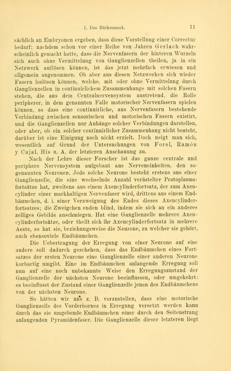 sächlich an Embryonen ergeben, dass diese Vorstellung- einer Correctnr bedarf; nachdem schon Tor einer Reihe von Jahren Gerlach wahr- scheinlich gemacht hatte, dass die Nervenfasern der hinteren Wurzeln sich auch ohne Vermittelang von Ganglienzellen theilen, ja in ein Netzwerk auflösen können, ist das jetzt mehrfach erwiesen und allgemein angenommen. Ob aber aus diesen Netzwerken sich wieder Fasern loslösen können, welche, mit oder ohne Vermittelung durch Ganglienzellen in continuirlichem Zusammenhange mit solchen Fasern stehen, die aus dem Centrainervensystem austretend, die Rolle peripherer, in dem genannten Falle motorischer Nervenfasern spielen können, so dass eine continuirliche, aus Nervenfasern bestehende Verbindung zwischen sensorischen und motorischen Fasern existirt, und die Ganglienzellen nur Anhänge solcher Verbindungen darstellen, oder aber, ob ein solcher continuirlicher Zusammenhang nicht besteht, darüber ist eine Einigung noch nicht erzielt. Doch neigt man sich, wesentlich auf Grund der Untersuchungen von Forel, Ramön y Cajal, His u. A. der letzteren Anschauung zu. Nach der Lehre dieser Forscher ist das ganze centrale und periphere Nervensystem aufgebaut aus Nerveneinheiten, den so- genannten Neuronen. Jede solche Neurone besteht erstens aus einer Ganglienzelle, die eine wechselnde Anzahl verästelter Protoplasma- fortsätze hat, zweitens aus einem Axencylinderfortsatz, der zum Axen- cylinder einer markhaltigen Nervenfaser wird, drittens aus einem End- bäumchen, d. i. einer Verzweigung des Endes dieses Axencylinder- fortsatzes; die Zweigchen enden blind, indem sie sich an ein anderes zelliges Gebilde anschmiegen. Hat eine Ganglienzelle mehrere Axen- cylinderfortsätze, oder theilt sich ihr Axencylinderfortsatz in mehrere Aeste, so hat sie, beziehungsweise die Neurone, zu welcher sie gehört, auch ebensoviele Endbäumchen. Die Uebertragung der Erregung von einer Neurone auf eine andere soll dadurch geschehen, dass das Endbäumchen eines Fort- satzes der ersten Neurone eine Ganglienzelle einer anderen Neurone korbartig umgibt. Eine im Endbäumchen anlangende Erregung soll nun auf eine noch unbekannte Weise den Erregungszustand der Ganglienzelle der nächsten Neurone beeinflussen, oder umgekehrt: es beeinflusst der Zustand einer Ganglienzelle jenen des Endbäumchens von der nächsten Neurone. So hätten wir uns z. B. vorzustellen, dass eine motorische Ganglienzelle des Vorderhornes in Erregung versetzt werden kann durch das sie umgebende Endbäumchen einer durch den Seitenstrang anlangenden Pyramidenfaser. Die Ganglienzelle dieser letzteren liegt