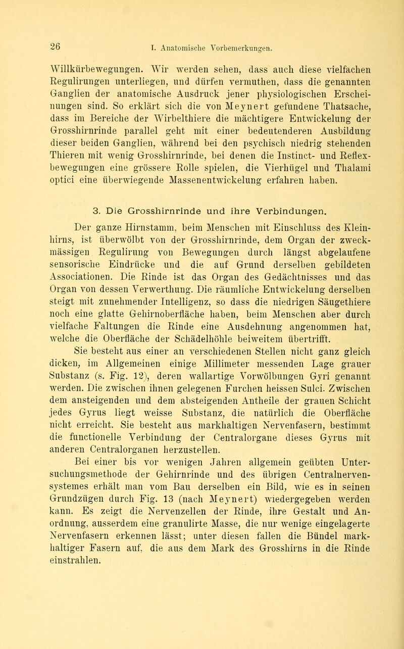 Willkürbewegiiugen. Wir werden sehen, dass auch diese vielfachen Regulirungen unterliegen, und dürfen vermuthen, dass die genannten Ganglien der anatomische Ausdruck jener physiologischen Erschei- nungen sind. So erklärt sich die von Meynert gefundene Thatsache, dass im Bereiche der Wirbelthiere die mächtigere Entwickelung der Grosshirnrinde parallel geht mit einer bedeutenderen Ausbildung dieser beiden Ganglien, während bei den psychisch niedrig stehenden Thieren mit wenig Grosshirnrinde, bei denen die Instinct- und Reflex- bewegungen eine grössere Rolle spielen, die Vierhügel und Thalami optici eine überwiegende Massenentwickelung erfahren haben. 3. Die Grosshirnrinde und ihre Verbindungen. Der ganze Hirnstamm, beim Menschen mit Einschluss des Klein- hirns, ist überwölbt von der Grosshirnrinde, dem Organ der zweck- mässigen Regulirung von Bewegungen durch längst abgelaufene sensorische Eindrücke und die auf Grund derselben gebildeten Associationen. Die Rinde ist das Organ des Gedächtnisses und das Organ von dessen Verwerthung. Die räumliche Entwickelung derselben steigt mit zunehmender Intelligenz, so dass die niedrigen Säugethiere noch eine glatte Gehirnoberfläche haben, beim Menschen aber durch vielfache Faltungen die Rinde eine Ausdehnung angenommen hat, welche die Oberfläche der Schädelhöhle beiweitem übertrifft. Sie besteht aus einer an verschiedenen Stellen nicht ganz gleich dicken, im Allgemeinen einige Millimeter messenden Lage grauer Substanz (s. Fig. 12), deren wallartige Vorwölbungen Gyri genannt werden. Die zwischen ihnen gelegenen Furchen heissen Sulci. Zwischen dem ansteigenden und dem absteigenden Antheile der grauen Schicht jedes Gyrus liegt weisse Substanz, die natürlich die Oberfläche nicht erreicht. Sie besteht aus markhaltigen Nervenfasern, bestimmt die functionelle Verbindung der Centralorgane dieses Gyrus mit anderen Centralorganen herzustellen. Bei einer bis vor wenigen Jahren allgemein geübten Unter- suchungsmethode der Gehirnrinde und des übrigen Centralnerven- systemes erhält man vom Bau derselben ein Bild, wie es in seinen Grundzügen durch Fig. 13 (nach Meynert) wiedergegeben werden kann. Es zeigt die Nervenzellen der Rinde, ihre Gestalt und An- ordnung, ausserdem eine granulirte Masse, die nur wenige eingelagerte Nervenfasern erkennen lässt; unter diesen fallen die Bündel mark- haltiger Fasern auf, die aus dem Mark des Grosshirns in die Rinde einstrahlen.