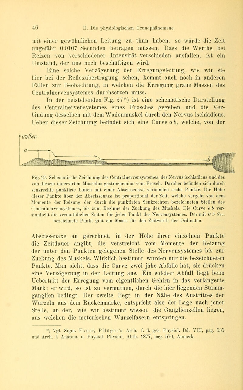 mit einer gewöhnlichen Leitung zu thun haben, so würde die Zeit ungefähr 0-0107 Secnnden betragen müssen. Dass die Werthe bei Reizen von verschiedener Intensität verschieden ausfallen, ist ein Umstand, der uns noch beschäftigen wird. Eine solche Verzögerung der Erregungsleitung, wie wir sie hier bei der Reflexübertragung sehen, kommt auch noch in anderen Fällen zur Beobachtung, in welchen die Erregung graue Massen des Centralnervens3^stemes durchsetzen muss. In der beistehenden Fig. 27*) ist eine schematische Darstellung des Centralnervensystemes eines Frosches gegeben und die Ver- bindung desselben mit dem Wadenmuskel durch den Nervus ischiadicus. üeber dieser Zeichnung befindet sich eine CnrYe ab, welche, von der f 0'5Sa>. Fig. 27. Schematische Zeichnung des Centralnevvens)^stemes, des Nervus ischiadicus. _ ._ von diesem innervirten Musculus gastrocnemius vom Frosch. Darüber befinden sich durch senkrechte punktirte Linien mit einer Abscissenaxe verbunden sechs Punkte. Die Höhe dieser Punkte über der Abscissenaxe ist proportional der Zeit, welche vergeht von dem Momente der Reizung der durch die punktirten Senkrechten bezeichneten Stellen des Centralnervensystemes, bis zum Beginne der Zuckung des Muskels. Die Curve ab ver- sinnlicht die vermuthlichen Zeiten für jeden Punkt des Nervensystemes. Der mit O-o See. bezeichnete Punkt gibt ein Maass für den Zeitwerth der Ordinaten. Abscissenaxe an gerechnet, in der Höhe ihrer einzelnen Punkte die Zeitdauer angibt, die verstreicht vom Momente der Reizung der unter den Punkten gelegenen Stelle des Nervensystemes bis zur Zuckung des Muskels. Wirklich bestimmt wurden nur die bezeichneten Punkte. Man sieht, dass die Curve zwei jähe Abfälle hat, sie drücken eine Verzögerung in der Leitung aus. Ein solcher Abfall liegt beim Uebertritt der Erregung vom eigentlichen Gehirn in das verlängerte Mark; er wird, so ist zu vermuthen, durch die hier liegenden Stamm- ganglien bedingt. Der zweite liegt in der Nähe des Austrittes der Wurzeln aus dem Rückenmarke, entspricht also der Lage nach jener Stelle, an der, wie wir bestimmt wissen, die Ganglienzellen liegen, aus welchen die motorischen Wurzelfasern entspringen. *) Vgl. Sigm. Exner, Pflüger's Arch. f. d. ges. Physiol. Bd. VIII, pag. 535 und Arch. f. Anatom, u. Physiol. Physiol. Abth. 1877, pag. 570, Anmerk.