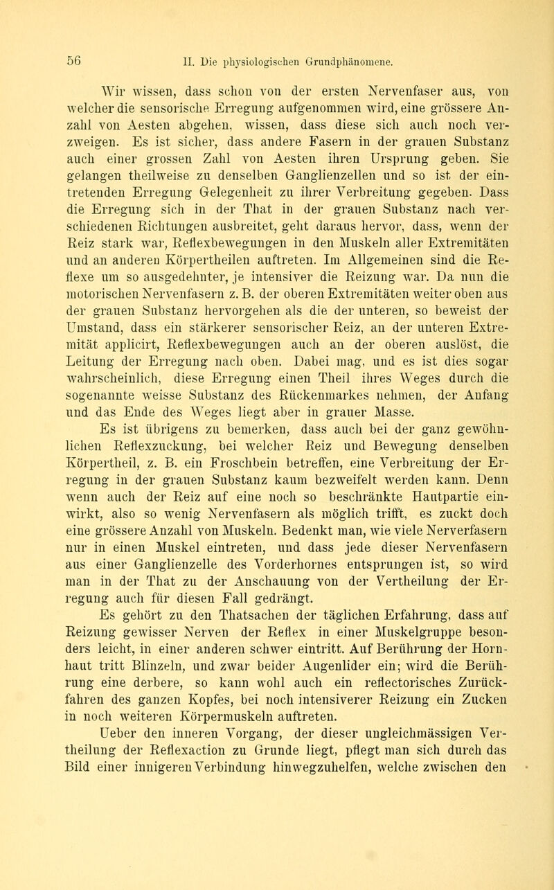 Wir wissen, dass schon von der ersten Nervenfaser aus, von welcher die sensorische Erregung aufgenommen wird, eine grössere An- zahl von Aesten abgehen, wissen, dass diese sich auch noch ver- zweigen. Es ist sicher, dass andere Fasern in der grauen Substanz auch einer grossen Zahl von Aesten ihren Ursprung geben. Sie gelangen theilweise zu denselben Ganglienzellen und so ist der ein- tretenden Erregung Gelegenheit zu ihrer Verbreitung gegeben. Dass die Erregung sich in der That in der grauen Substanz nach ver- schiedenen Eichtungen ausbreitet, geht daraus hervor, dass, wenn der Reiz stark war, Reflexbewegungen in den Muskeln aller Extremitäten und an anderen Körpertheilen auftreten. Im Allgemeinen sind die Re- flexe um so ausgedehnter, je intensiver die Reizung war. Da nun die motorischen Nervenfasern z. B. der oberen Extremitäten weiter oben aus der grauen Substanz hervorgehen als die der unteren, so beweist der Umstand, dass ein stärkerer sensorischer Reiz, an der unteren Extre- mität applicirt, Reflexbewegungen auch an der oberen auslöst, die Leitung der Erregung nach oben. Dabei mag, und es ist dies sogar wahrscheinlich, diese Erregung einen Theil ihres Weges durch die sogenannte weisse Substanz des Rückenmarkes nehmen, der Anfang und das Ende des Weges liegt aber in grauer Masse. Es ist übrigens zu bemerken, dass auch bei der ganz gewöhn- lichen Reflexzuckung, bei welcher Reiz und Bewegung denselben Körpertheil, z. B. ein Froschbein betreffen, eine Verbreitung der Er- regung in der grauen Substanz kaum bezweifelt werden kann. Denn wenn auch der Reiz auf eine noch so beschränkte Hautpartie ein- wirkt, also so wenig Nervenfasern als möglich trifft, es zuckt doch eine grössere Anzahl von Muskeln. Bedenkt man, wie viele Nerverfasern nur in einen Muskel eintreten, und dass jede dieser Nervenfasern aus einer Ganglienzelle des Vorderhornes entsprungen ist, so wird man in der That zu der Anschauung von der Vertheilung der Er- regung auch für diesen Fall gedrängt. Es gehört zu den Thatsachen der täglichen Erfahrung, dass auf Reizung gewisser Nerven der Reflex in einer Muskelgruppe beson- ders leicht, in einer anderen schwer eintritt. Auf Berührung der Horn- haut tritt Blinzeln, und zwar beider Augenlider ein; wird die Berüh- rung eine derbere, so kann wohl auch ein reflectorisches Zurück- fahren des ganzen Kopfes, bei noch intensiverer Reizung ein Zucken in noch weiteren Körpermuskeln auftreten. Ueber den inneren Vorgang, der dieser ungleichmässigen Ver- theilung der Reflexaction zu Grunde liegt, pflegt man sich durch das Bild einer innigeren Verbindung hinwegzuhelfen, welche zwischen den