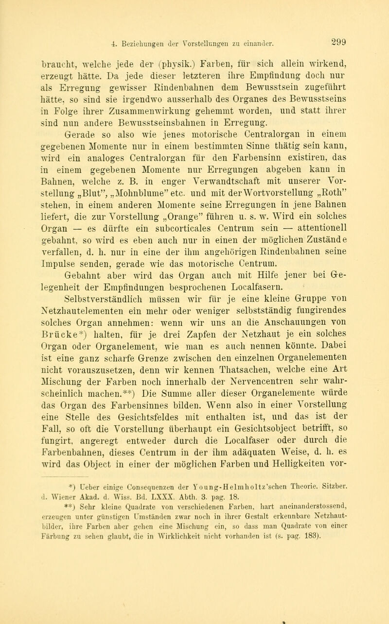 braucht, welche jede der iphysik.) Farben, für sich allein wirkend, erzeugt hätte. Da jede dieser letzteren ihre Empfindung doch nur als Erregung gewisser Rindenbahnen dem Bewusstsein zugeführt hätte, so sind sie irgendwo ausserhalb des Organes des Bewusstseins in Folge ihrer Zusammenwirkung gehemmt worden, und statt ihrer sind nun andere Bewusstseinsbahnen in Erregung. Gerade so also wie jenes motorische Centralorgan in einem gegebenen Momente nur in einem bestimmten Sinne thätig sein kann, wird ein analoges Centralorgan für den Farbensinn existiren, das in einem gegebenen Momente nur Erregungen abgeben kann in Bahnen, welche z. B. in enger Verwandtschaft mit unserer Vor- stellung „Blut, „Mohnblume etc. und mit der Wortvorstellung „Roth stehen, in einem anderen Momente seine Erregungen in jene Bahnen liefert, die zur Vorstellung „Orange führen u. s. w. Wird ein solches Organ — es dürfte ein subcorticales Centrum sein — attentionell gebahnt, so wird es eben auch nur in einen der möglichen Zustand e verfallen, d. h. nur in eine der ihm angehörigen Rindenbahnen seine Impulse senden, gerade wie das motorische Centrum. Gebahnt aber wird das Organ auch mit Hilfe jener bei Ge- legenheit der Empfindungen besprochenen Localfasern. Selbstverständlich müssen wir für je eine kleine Gruppe von Xetzhautelementen ein mehr oder weniger selbstständig fungirendes solches Organ annehmen: wenn wir uns an die Anschauungen von Brücke*) halten, für je drei Zapfen der Netzhaut je ein solches Organ oder Organelement, wie man es auch nennen könnte. Dabei ist eine ganz scharfe Grenze zwischen den einzelnen Organelementen nicht vorauszusetzen, denn wir kennen Thatsachen, welche eine Art Mischung der Farben noch innerhalb der Nervencentren sehr wahr- scheinlich machen.**) Die Summe aller dieser Organelemente würde das Organ des Farbensinnes bilden. Wenn also in einer Vorstellung eine Stelle des Gesichtsfeldes mit enthalten ist, und das ist der Fall, so oft die Vorstellung überhaupt ein Gesichtsobject betrifft, so fungirt, angeregt entweder durch die Localfaser oder durch die Farbenbahnen, dieses Centrum in der ihm adäquaten Weise, d. h. es wird das Object in einer der möglichen Farben und Helligkeiten vor- *) Ueber einige ConSequenzen der Young-Helmholtz'sehen Theorie. Sitzber. d. Wiener Akad. d. Wiss. Bd. LXXX. Abth. 3. pag. 18. **J Sehr kleine Quadrate von verschiedenen Farben, iiart aneinanderstossend, erzeugen unter günstigen Umständen zwar noch in ihrer Gestalt erkennbare Netzhaut- bilder, ihre Farben aber gehen eine Mischung ein, so dass man Quadrate von einer Färbung zu sehen glaubt, die in Wirklichkeit nifht vorhanden ist (s. pag. 183).