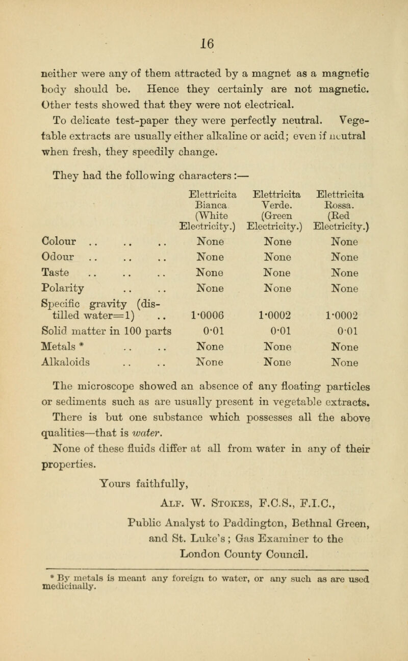 neither were any of them attracted by a magnet as a magnetic body should be. Hence they certainly are not magnetic. Other tests showed that they were not electrical. To delicate test-paper they were perfectly neutral. Vege- table extracts are usually either alkaline or acid; even if neutral when fresh, they speedily change. They had the following characters :— Elettricita Bianca (White Electricity.) Elettricita Verde. (Green Electricity.) Elettricita Rossa. (Red Electricity.) Colour .. ,. None None None Odour ,, None None None Taste .. .. None None None Polarity None None None Specific gravity tilled water=l) (dis- 1-0006 1-0002 1-0002 Solid matter in 100 parts O'Ol 0-01 001 Metals * . . None None None Alkaloids ,. None None None The microscope showed an absence of any floating particles or sediments such as are usually present in vegetable extracts. There is but one substance which possesses all the above qualities—that is water. None of these fluids differ at all from water in any of their properties. Yours faithfully, Alf. W. Stokes, F.C.S., F.I.C., Public Analyst to Paddington, Bethnal Green, and St. Luke's; Gas Examiner to the London County Council. * By motals is meant any foreign to water, or any such as are used medicinally.