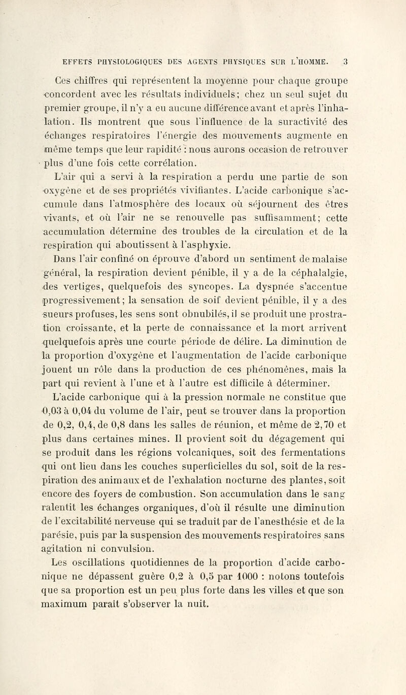 Ces cliiffres qui représentent la moyenne pour chaque groupe •concordent avec les résultats individuels ; chez un seul sujet du premier groupe, il n'y a eu aucune différence avant et après l'inha- lation. Ils montrent que sous l'influence de la suractivité des échanges respiratoires l'énergie des mouvements augmente en même temps que leur rapidité : nous aurons occasion de retrouver ■ plus d'une fois cette corrélation. L'air qui a servi à la respiration a perdu une partie de son oxygène et de ses propriétés vivifiantes. L'acide carbonique s'ac- cumule dans l'atmosphère des locaux où séjournent des êtres ^dvants, et où l'air ne se renouvelle pas suffisamment; cette accumulation détermine des troubles de la circulation et de la respiration qui aboutissent à l'asphyxie. Dans l'air confiné on éprouve d'abord un sentiment de malaise général, la respiration devient pénible, il y a de la céphalalgie, des vertiges, quelquefois des syncopes. La dyspnée s'accentue iprogressivement ; la sensation de soif devient pénible, il y a des ■sueurs profuses, les sens sont obnubilés, il se produit une prostra- tion croissante, et la perte de connaissance et la mort arrivent quelquefois après une courte période de déhre. La diminution de la proportion d'oxygène et l'augmentation de l'acide carbonique jouent un rôle dans la production de ces phénomènes, mais la part qui revient à l'une et à l'autre est difficile à déterminer. L'acide carbonique qui à la pression normale ne constitue que 0,03 à 0,04 du volume de l'air, peut se trouver dans la proportion de 0,2, 0,4, de 0,8 dans les salles de réunion, et même de 2,70 et plus dans certaines mines. Il provient soit du dégagement qui se produit dans les régions volcaniques, soit des fermentations qui ont lieu dans les couches superficielles du sol, soit de la res- piration des animaux et de l'exhalation nocturne des plantes, soit encore des foyers de combustion. Son accumulation dans le sang ralentit les échanges organiques, d'où il résulte une diminution de l'excitabilité nerveuse qui se traduit par de l'anesthésie et de la parésie, puis par la suspension des mouvements respiratoires sans agitation ni convulsion. Les oscillations quotidiennes de la proportion d'acide carbo- nique ne dépassent guère 0,2 à 0,5 par 1000 : notons toutefois que sa proportion est un peu plus forte dans les villes et que son maximum parait s'observer la nuit.