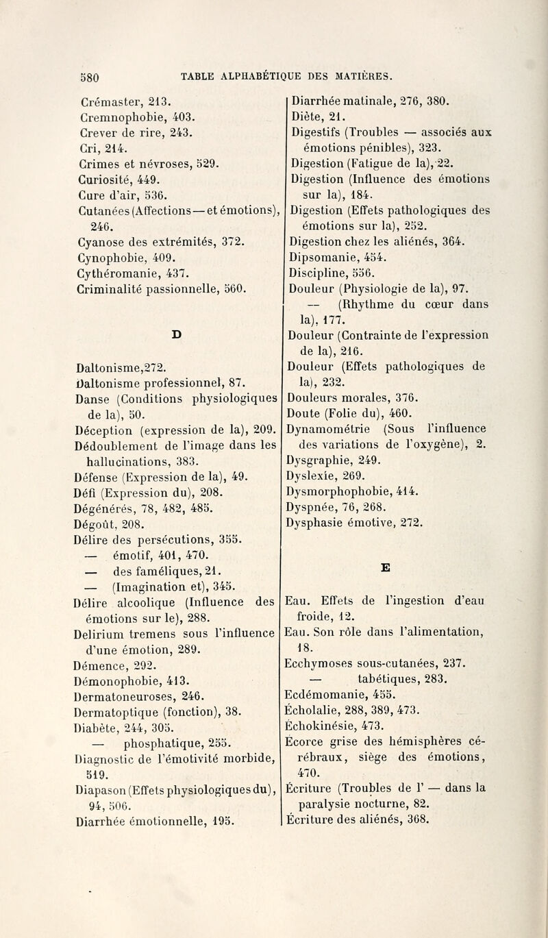 Crémaster, 213. Cremnophobie, 403. Crever de rire, 243. Cri, 214. Crimes et névroses, 529. Curiosité, 449. Cure d'air, 536. Cutanées (Affections — et émotions). 246. Cyanose des extrémités, 372. Cynophobie, 409. Cythéromanie, 437. Criminalité passionnelle, 560. Daltonisme,272. Daltonisme professionnel, 87. Danse (Conditions physiologiques de la), 50. Déception (expression de la), 209. Dédoublement de l'image dans les hallucinations, 383. Défense (Expression de la), 49. Défi (Expression du), 208. Dégénérés, 78, 482, 485. Dégoût, 208. Délire des persécutions, 355. — émotif, 401, 470. — des faméliques, 21. — (Imagination et), 345. Délire alcoolique (Influence des émotions sur le), 288. Delirium tremens sous l'influence d'une émotion, 289. Démence, 292. Démonophobie, 413. Dermatoneuroses, 246. Dermatoptique (fonction), 38. Diabète, 244, 305. — phosphatique, 255. Diagnostic de l'émotivité morbide, 519. Diapason (Effets physiologiques du), 94, 506. Diarrhée émotionnelle, 195. Diarrhée matinale, 276, 380. Diète, 21. Digestifs (Troubles — associés aux émotions pénibles), 323. Digestion (Fatigue de la), 22. Digestion (Influence des émotions sur la), 184. Digestion (Effets pathologiques des émotions sur la), 252. Digestion chez les aliénés, 364. Dipsomanie, 454. Discipline, 556. Douleur (Physiologie de la), 97. (Rhythme du cœur dans la), 177. Douleur (Contrainte de l'expression de la), 216. Douleur (Effets pathologiques de la), 232. Douleurs morales, 376. Doute (Folie du), 460. Dynamométrie (Sous l'influence des variations de l'oxygène), 2. Dysgraphie, 249. Dyslexie, 269. Dysmorphophobie, 414. Dyspnée, 76, 268. Dysphasie émotive, 272. E Eau. Effets de l'ingestion d'eau froide, 12. Eau. Son rôle dans l'alimentation, 18. Ecchymoses sous-cutanées, 237. — tabétiques, 283. Ecdémomanie, 455. Écholalie, 288, 389, 473. Échokinésie, 473. Écorce grise des hémisphères cé- rébraux, siège des émotions, 470. Écriture (Troubles de 1' — dans la paralysie nocturne, 82. Écriture des aliénés, 368.