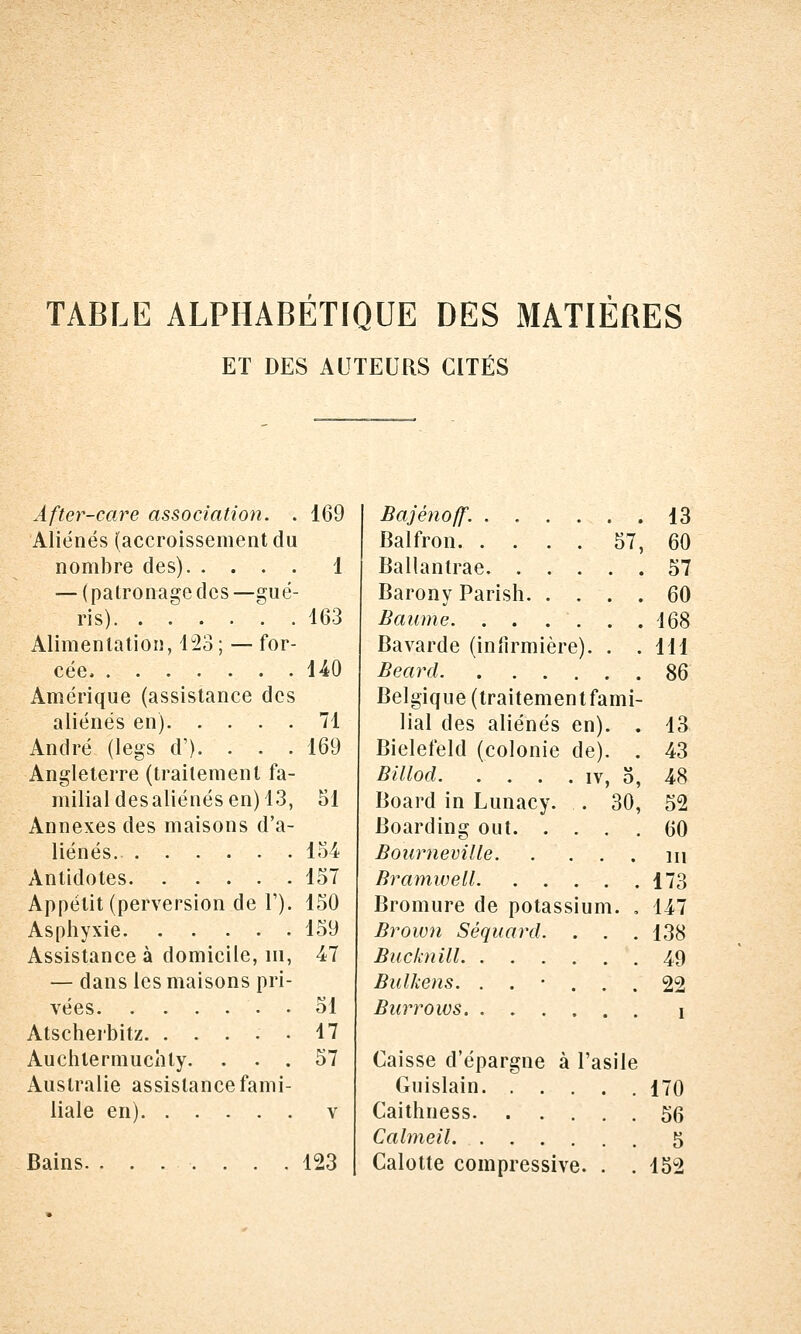 TABLE ALPHABÉTIQUE DES MATIÈRES ET DES AUTEURS CITÉS After-care association. . 169 Aliénés (accroissement du nombre des) 1 — (patronage des—gué- ris) 163 Alimentation, 123 ; — for- cée 1-40 Amérique (assistance des aliénés en) 71 André (legs d'). . . . 169 Angleterre (traitement fa- milial des aliénés en) 13, 51 Annexes des maisons d'a- liénés. 154 Antidotes 157 Appétit (perversion de T). 150 Asphyxie 159 Assistance à domicile, m, 47 — dans les maisons pri- vées 51 Atschei'bitz. ..... 17 Auchlermuchty. ... 57 Australie assistance fami- liale en) V Bains. ....... 123 Bajénoff. 13 Balfron 67, 60 Ballantrae 57 Barony Parish 60 Baume 168 Bavarde (inlirmière). . .111 Beard 86 Belgique (traitementfami- lial des aliénés en). . 13 Bielefeld (colonie de). . 43 Billod IV, 5, 48 Board in Lunacy. . 30, 52 Boarding out 60 Bourneville m Bramwell 173 Bromure de potassium. , 147 Brown Séquard. . . . 138 Bucknill 49 Bulkens, ...... 22 Burrows i Caisse d'épargne à l'asile Guislain 170 Caithness 56 Calmeil 5 Calotte compressive. . . 152