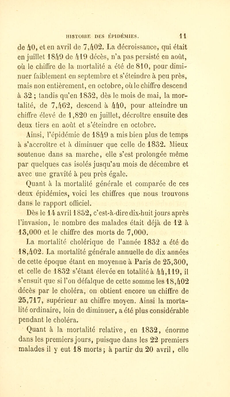 de iO, et en avril de 7,402. La décroissance, qui était en juillet 1849 de 419 décès, n'a pas persisté en août, où le chiiTre de la mortalité a été de 810, pour dimi- nuer faiblement en septembre et s'éteindre à peu près, mais non entièrement, en octobre, où le chiffre descend à 32 ; tandis qu'en 1832, dès le mois de mai, la mor- talité, de 7,/j62, descend à 440, pour atteindre un chiffre élevé de 1,820 en juillet, décroître ensuite des deux tiers en août et s'éteindre en octobre. Ainsi, l'épidémie de 1849 a mis bien plus de temps à s'accroître et à diminuer que celle de 1832. Mieux soutenue dans sa marche, elle s'est prolongée même par quelques cas isolés jusqu'au mois de décembre et avec une gravité à peu près égale. Quant à la mortalité générale et comparée de ces deux épidémies, voici les chiffres que nous trouvons dans le rapport officiel. Dès le 14 avril 1832, c'est-à-dire dix-huit jours après l'invasion, le nombre des malades était déjà de 12 à 13,000 et le chiffre des morts de 7,000. La mortalité cholérique de l'année 1832 a été de 18,402. La mortalité générale annuelle de dix années de cette époque étant en moyenne à Paris de 25,300, et celle de 1832 s'étant élevée en totalité à 44,119, il s'ensuit que si l'on défalque de cette somme les 18,402 décès par le choléra, on obtient encore un chiffre de 25,717, supérieur au chiffre moyen. Ainsi la morta- lité ordinaire, loin de diminuer, a été plus considérable pendant le choléra. • Quant à la mortalité relative, en 1832, énorme dans les premiers jours, puisque dans les 22 premiers malades il y eut 18 morts j à partir du 20 avril, elle