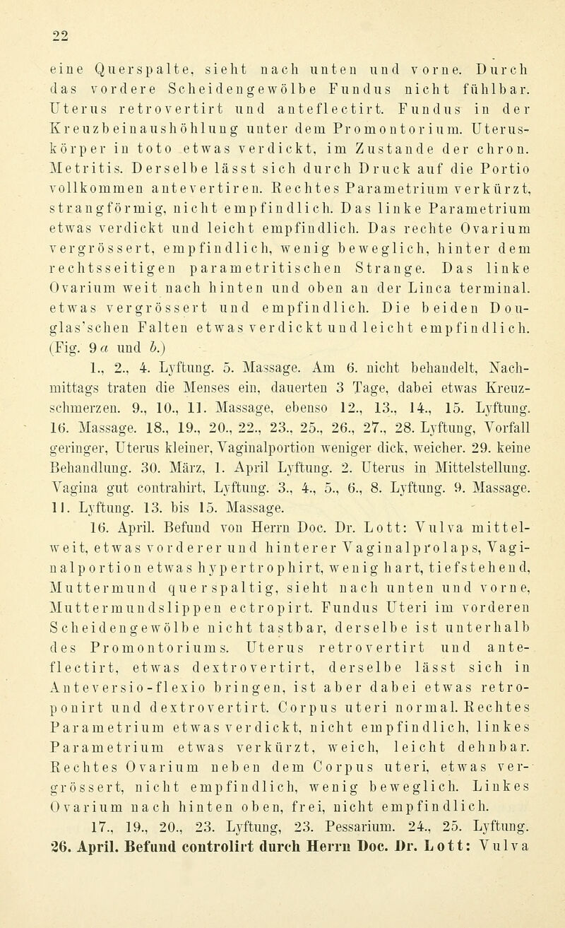 eine Qu er spalte, sieht nach unten und vorne. Durch das vordere Scheidengewölbe Fundus nicht fühlbar. Uterus retrovertirt und anteflectirt. Fundus in der Kreuzbeinaushöhlung unter dem Promontorium. Uterus- körper in toto etwas verdickt, im Zustande der chron. Metritis. Derselbe lässt sich durch Druck auf die Portio vollkommen antevertiren. Kechtes Parametrium verkürzt, strangförmig, nicht empfindlich. Das linke Parametrium etwas verdickt und leicht empfindlich. Das rechte Ovarium vergrössert, empfindlich, wenig beweglich, hinter dem rechtsseitigen parametritischen Strange. Das linke Ovarium weit nach hinten und oben an der Linea terminal, etwas vergrössert und empfindlich. Die beiden Dou- glas'schen Falten etwas verdickt und leicht empfindlich. (Fig. 9« und b.) 1., 2., 4. Lyftung. 5. Massage. Am 6. nicht behandelt, Nach- mittags traten die Menses ein, dauerten 3 Tage, dabei etwas Kreuz- schmerzen. 9., 10., 11. Massage, ebenso 12., 13., 14., 15. Lyftung. 16. Massage, 18., 19., 20., 22., 23., 25., 26., 27., 28. Lyftung, Vorfall geringer, Uterus kleiner, Vaginalportion weniger dick, weicher. 29. keine Behandlung. 30. März, 1. April Lyftung. 2. Uterus in Mittelstellung. Vagina gut contrahirt, Lyftung. 3., 4., 5., 6., 8. Lyftung. 9. Massage. II. Lyftung. 13. bis 15. Massage. 16. April. Befund von Herrn Doc. Dr. Lott: Vulva mittel- weit, etwas vorderer und hinterer Vaginalprolaps, Vagi- na 1 p o r t i o n etwas h y p e r t r o p h i r t, wenig hart, t i e f s t e h e n d, Muttermund querspaltig, sieht nach unten und vorne, Muttermundslippen ectropirt. Fundus Uteri im vorderen Scheid enge wölbe nicht tastbar, derselbe ist unterhalb des Promontoriums. Uterus retrovertirt und ante- flectirt, etwas dextrovertirt, derselbe lässt sich in Anteversio-flexio bringen, ist aber dabei etwas retro- p o n i r t und d e x t r o v e r t i r t. Corpus uteri n o r m a 1. K e c h t e s Parametrium etwas verdickt, nicht empfindlich, linkes Parametrium e t av a s verkürzt, weich, leicht dehnbar. Rechtes Ovarium neben dem Corpus uteri, etwas ver- grössert, nicht empfindlich, wenig beweglich. Linkes Ovarium nach hinten oben, frei, nicht empfindlich. 17., 19., 20., 23. Lyftung, 23. Pessarium. 24., 25. Lyftung.