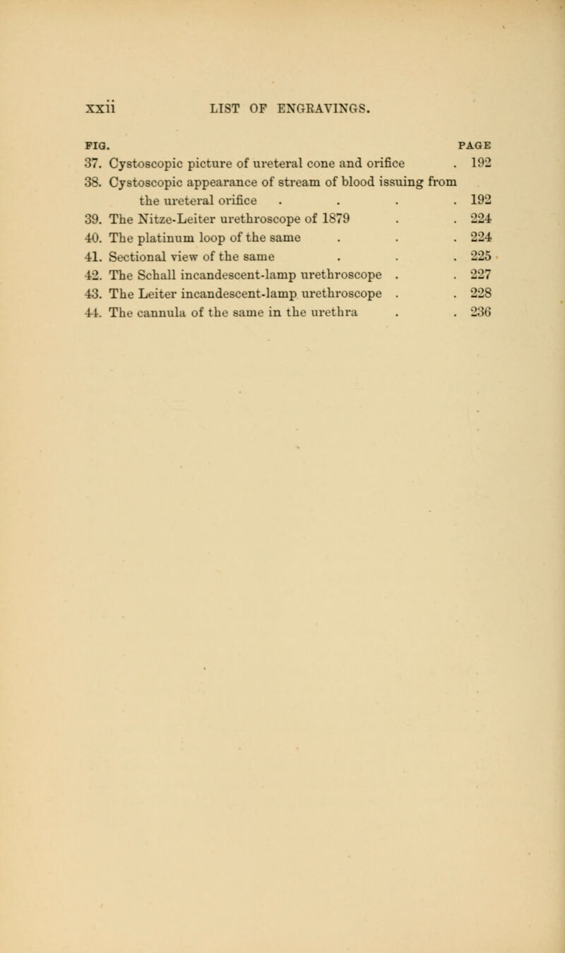 FIG. PAGE 37. Cystoscopic picture of ureteral cone and orifice . 192 38. Cystoscopic appearance of stream of blood issuing from the ureteral orifice .... 192 39. The Nitze-Leiter urethroscope of 1879 . . 224 40. The platinum loop of the same . . . 224 41. Sectional view of the same . . . 225 42. The Schall incandescent-lamp urethroscope . . -1^7 43. The Leiter incandescent-lamp urethroscope . . 228 4L The cannula of the same in the urethra . . '_!;>»>