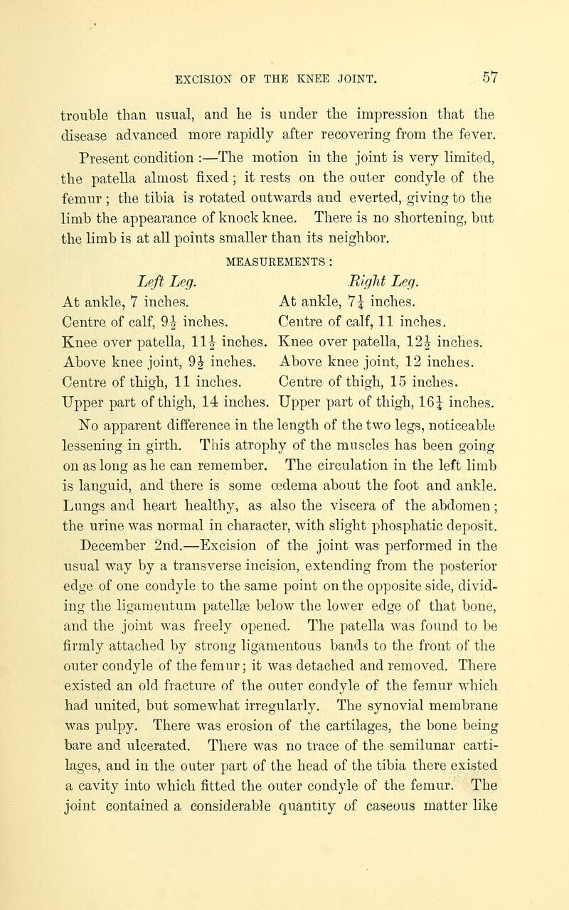 trouble than usual, and lie is under the impression that the disease advanced more rapidly after recovering from the fever. Present condition :—The motion in the joint is very limited, the patella almost fixed; it rests on the outer condyle of the femur ; the tibia is rotated outwards and everted, giving to the limb the appearance of knock knee. There is no shortening, but the limb is at all points smaller than its neighbor. MEASUREMENTS : Left Leg. Right Leg. At ankle, 7 inches. At ankle, 1\ inches. Centre of calf, 9| inches. Centre of calf, 11 inches. Knee over patella, 111 inches. Knee over patella, 12|- inches. Above knee joint, 9|- inches. Above knee joint, 12 inches. Centre of thigh, 11 inches. Centre of thigh, 15 inches. Upper part of thigh, 14 inches. Upper part of thigh, 16| inches. No apparent difference in the length of the two legs, noticeable lessening in girth. This atrophy of the muscles has been going on as long as he can remember. The circulation in the left limb is languid, and there is some oedema about the foot and ankle. Lungs and heart healthy, as also the viscera of the abdomen; the urine was normal in character, with slight phosphatic deposit, December 2nd.—Excision of the joint was performed in the usual way by a transverse incision, extending from the posterior edge of one condyle to the same point on the opposite side, divid- ing the ligamentum patellae below the lower edge of that bone, and the joint was freely opened. The patella was found to be firmly attached by strong ligamentous bands to the front of the outer condyle of the femur; it was detached and removed. There existed an old fracture of the outer condyle of the femur which had united, but somewhat irregularly. The synovial membrane was pulpy. There was erosion of the cartilages, the bone being bare and ulcerated. There was no trace of the semilunar carti- lages, and in the outer part of the head of the tibia there existed a cavity into which fitted the outer condyle of the femur. The joint contained a considerable quantity of caseous matter like
