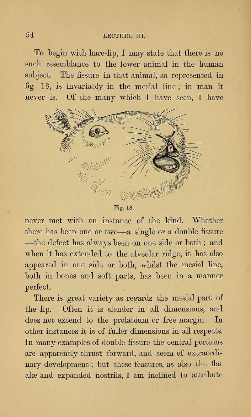 To begin with hare-lip, I may state that there is no such resemblance to the lower animal in the human subject. The fissure in that animal, as represented in fig. 18, is invariably in the mesial line; in man it never is. Of the many which I have seen, I have Fig. 18. never met with an instance of the kind. Whether there has been one or two—a single or a double fissure —the defect has always been on one side or both ; and when it has extended to the alveolar ridge, it has also appeared in one side or both, whilst the mesial line, both in bones and soft parts, has been in a manner perfect. There is great variety as regards the mesial part of the lip. Often it is slender in all dimensions, and does not extend to the prolabium or free margin. In other instances it is of fuller dimensions in all respects. In many examples of double fissure the central portions are apparently thrust forward, and seem of extraordi- nary development; but these features, as also the flat alee and expanded nostrils, I am inclined to attribute