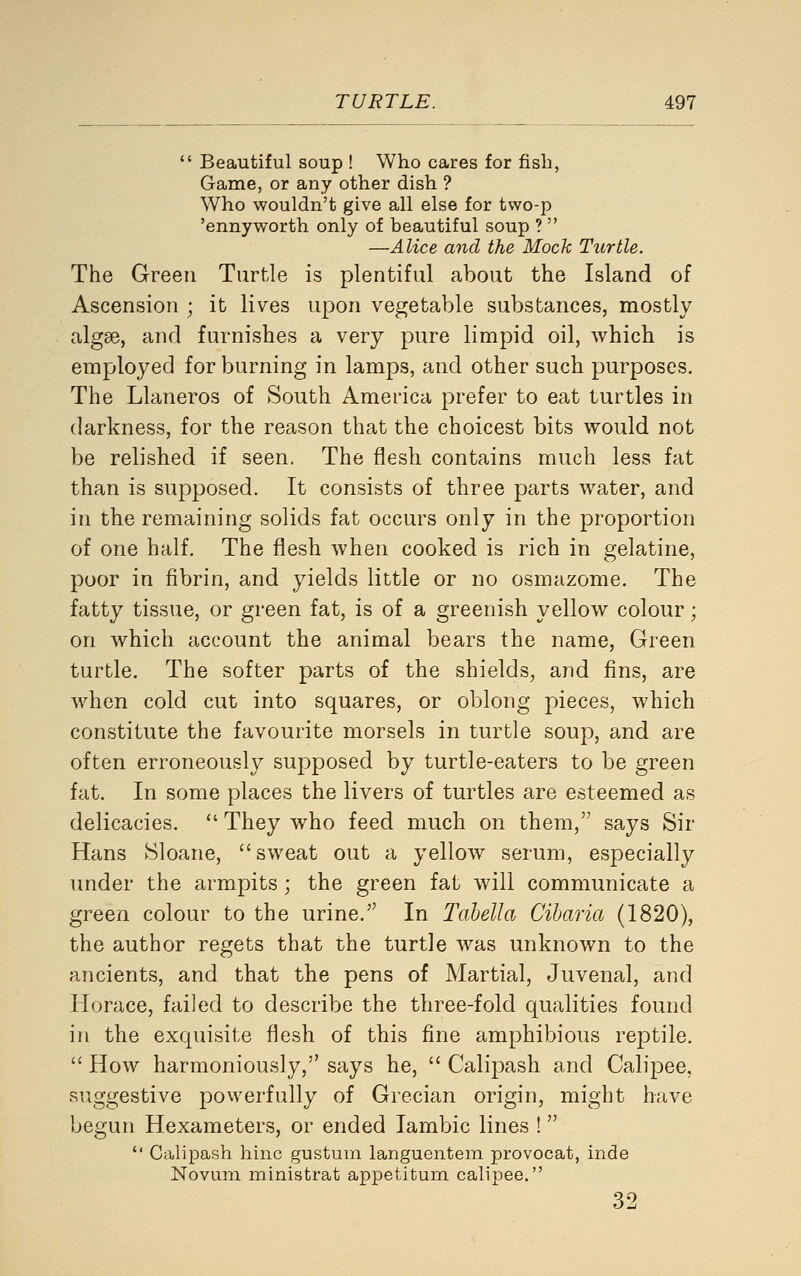  Beautiful soup ! Who cares for fish, Game, or any other dish ? Who wouldn't give all else for two-p 'ennyworth only of beautiful soup ?  —Alice and the Mock Turtle. The Green Turtle is plentiful about the Island of Ascension ; it lives upon vegetable substances, mostly algae, and furnishes a very pure limpid oil, which is employed for burning in lamps, and other such purposes. The Llaneros of South America prefer to eat turtles in darkness, for the reason that the choicest bits would not be relished if seen. The flesh contains much less fat than is supposed. It consists of three parts water, and in the remaining solids fat occurs only in the proportion of one half. The flesh when cooked is rich in gelatine, poor in fibrin, and yields little or no osmazome. The fatty tissue, or green fat, is of a greenish yellow colour; on which account the animal bears the name, Green turtle. The softer parts of the shields, and fins, are when cold cut into squares, or oblong pieces, which constitute the favourite morsels in turtle soup, and are often erroneously supposed by turtle-eaters to be green fat. In some places the livers of turtles are esteemed as delicacies.  They who feed much on them, says Sir Hans Sloane, sweat out a yellow serum, especially under the armpits; the green fat will communicate a green colour to the urine. In Tabella Cibaria (1820), the author regets that the turtle was unknown to the ancients, and that the pens of Martial, Juvenal, and Horace, failed to describe the three-fold qualities found in the exquisite flesh of this fine amphibious reptile.  How harmoniously, says he,  Calipash and Calipee, suggestive powerfully of Grecian origin, might have begun Hexameters, or ended Iambic lines !  Calipash hinc gustum languentem provocat, inde Novum ministrat appetitum calipee.