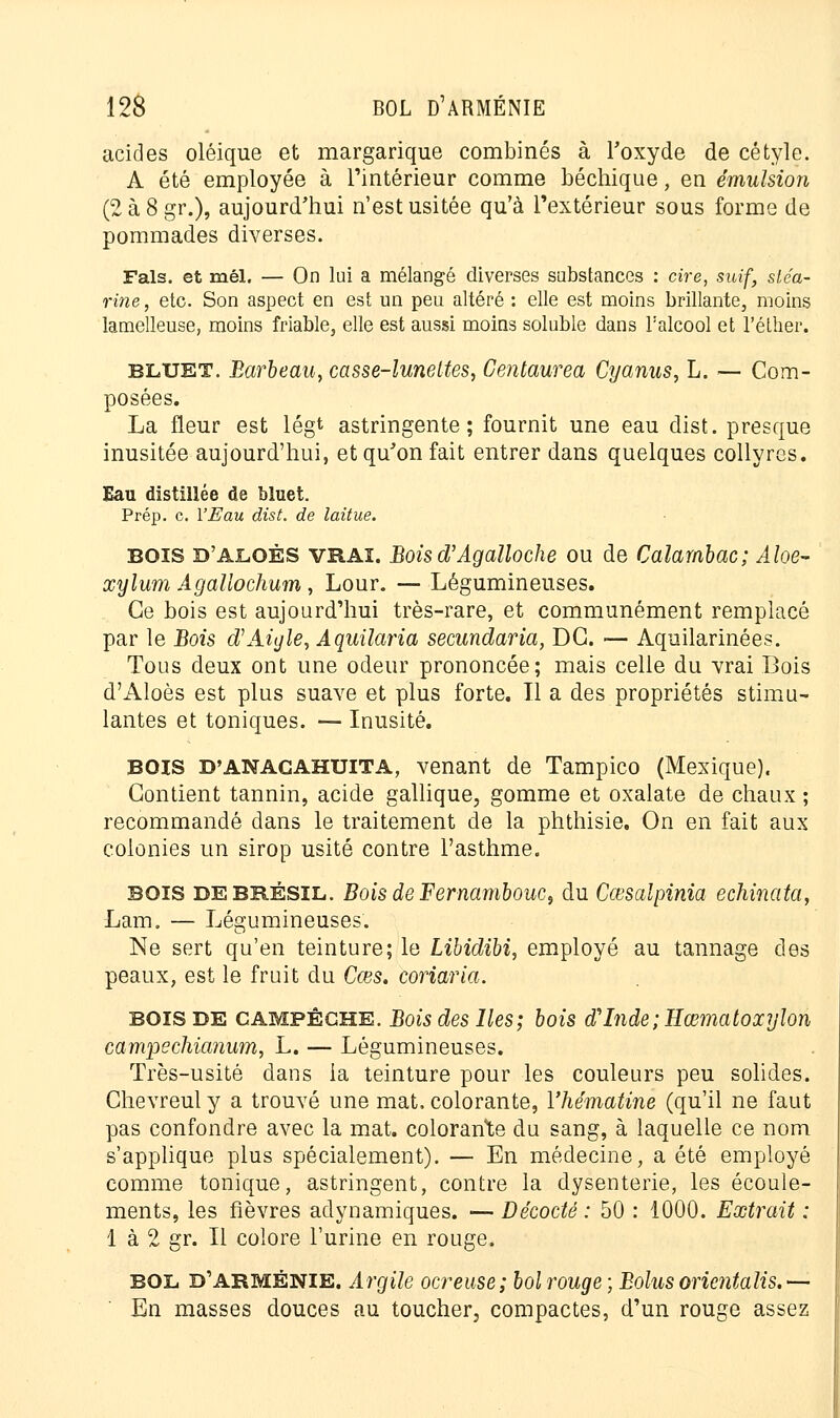 acides oléique et margarique combinés à l'oxyde de cétyle. A été employée à l'intérieur comme béchique, en émulsion (2à8gr.), aujourd'hui n'est usitée qu'à l'extérieur sous forme de pommades diverses. Fais, et mél. — On lui a mélangé diverses substances : cire, suif, stéa- rine, etc. Son aspect en est un peu altéré : elle est moins brillante, moins lamelleuse, moins friable, elle est aussi moins soluble dans Falcool et l'éther. bluet. Barbeau, casse-lunettes, Centaurea Cyanus, L. — Com- posées. La fleur est légt astringente; fournit une eau dist. presque inusitée aujourd'hui, et qu'on fait entrer dans quelques collyres. Eau distillée de bluet. Prép. c. l'Eau dist. de laitue. bois d'aloÈs vrai. Boisd'Agalloche ou de Calarnbac; Âloe- xylum Agallochum, Lour. — Légumineuses. Ce bois est aujourd'hui très-rare, et communément remplacé par le Bois aVAiyle, Aquilaria secundaria, DC. — Aquilarinées. Tous deux ont une odeur prononcée; mais celle du vrai Bois d'Aloès est plus suave et plus forte. Il a des propriétés stimu- lantes et toniques. — Inusité. BOIS D'ANAGAHUITA, venant de Tampico (Mexique). Contient tannin, acide gallique, gomme et oxalate de chaux ; recommandé dans le traitement de la phthisie. On en fait aux colonies un sirop usité contre l'asthme. bois de BRÉSIL. Bois de Fernambouc, du Cœsaïpinia echinata, Lam. — Légumineuses. Ne sert qu'en teinture; le Libidibi, employé au tannage des peaux, est le fruit du Cœs. coriaria. bois de campêghe. Bois des Iles; bois d'Inde ; Hœmatoxylon campechianum, L. — Légumineuses. Très-usité dans la teinture pour les couleurs peu solides. Chevreul y a trouvé une mat. colorante, Yhématine (qu'il ne faut pas confondre avec la mat. colorante du sang, à laquelle ce nom s'applique plus spécialement). — En médecine, a été employé comme tonique, astringent, contre la dysenterie, les écoule- ments, les fièvres aclynamiques. — Décodé : 50 : 1000. Extrait : 1 à 2 gr. Il colore l'urine en rouge. BOL. D'ARMÉNIE. Argile ocreuse; bol rouge ; Bolus oricntalis.— En masses douces au toucher, compactes, d'un rouge assez