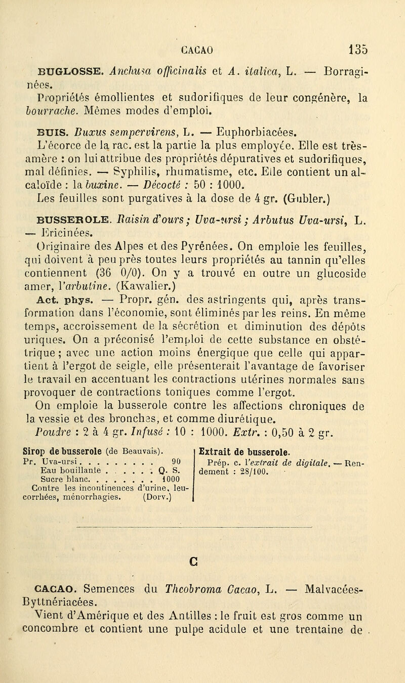 BUGLOSSE. Anchusa offitinalis et A. italica, L. — Borragi- nées. Propriétés émollientes et sudorifiques de leur congénère, la bourrache. Mêmes modes d'emploi. BUIS. Buxus sempervirens, L. — Euphorbiacées. L'écorce de la rac. est la partie la plus employée. Elle est très- amère : on lui attribue des propriétés dépuratives et sudorifiques, mal définies. — Syphilis, rhumatisme, etc. Elle contient un al- caloïde : \dibuxine. — Décodé : 50 : 1000. Les feuilles sont purgatives à la dose de 4gr. (Gabier.) busserole. Raisin d'ours ; Uva-ursi ; Arbutus Uva-ursi, L. — Ericinées. Originaire des Alpes et des Pyrénées. On emploie les feuilles, qui doivent à peu près toutes leurs propriétés au tannin qu'elles contiennent (36 0/0). On y a trouvé en outre un glucoside amer, Yarbutme. (Kawalier.) Act. phys. — Propr. gén. des astringents qui, après trans- formation dans l'économie, sont éliminés par les reins. En même temps, accroissement de la sécrétion et diminution des dépôts uriques. On a préconisé l'emploi de cette substance en obsté- trique ; avec une action moins énergique que celle qui appar- tient à l'ergot de seigle, elle présenterait l'avantage de favoriser le travail en accentuant les contractions utérines normales sans provoquer de contractions toniques comme l'ergot. On emploie la busserole contre les affections chroniques de la vessie et des bronches, et comme diurétique. Poudre : 2 à 4 gr. Infusé : 10 : 1000. Extr. : 0,50 à 2 gr. Sirop de busserole (de Beau vais). Pr. Uva-ursi. . 90 Eau bouillante Q. S. Sucre blanc 1000 Contre les incontinences d'urine, leu- corrhées, ménorrhagies. (Dorv.) Extrait de busserole. Prép. c. l'extrait de digitale. — Ren- dement : 28/100. cacao. Semences du Thcobroma Cacao, L. — Malvacées- Byttnériacées. Vient d'Amérique et des Antilles : le fruit est gros comme un concombre et contient une pulpe acidulé et une trentaine de