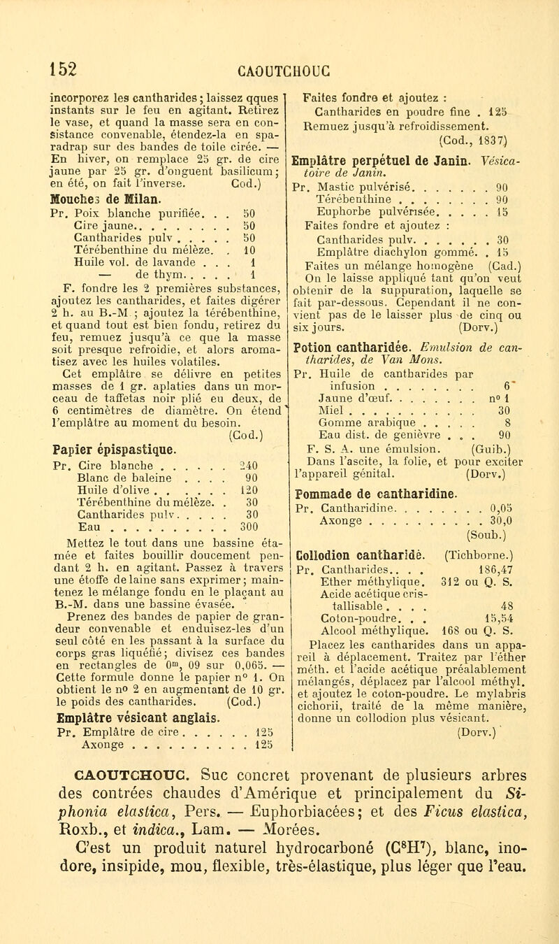 incorporez les cantharides ; laissez qques instants sur le feu en agitant. Retirez le vase, et quand la masse sera en con- sistance convenable, étendez-la en spa- radrap sur des bandes de toile cirée. — En hiver, on remplace 25 gr. de cire jaune par 25 gr. d'onguent basilicumj en été, on fait l'inverse. Cod.) Mouches de Milan. Pr. Poix blanche purifiée. . . 50 Cire jaune 50 Cantharides pulv 50 Térébenthine du mélèze. . 10 Huile vol. de lavande ... 1 — de thym 1 F. fondre les 2 premières substances, ajoutez les cantharides, et faites digérer 2 h. au B.-M.; ajoutez la térébenthine, et quand tout est bien fondu, retirez du feu, remuez jusqu'à ce que la masse soit presque refroidie, et alors aroma- tisez avec les huiles volatiles. Cet emplâtre se délivre en petites masses de 1 gF. aplaties dans un mor- ceau de taffetas noir plié eu deux, de 6 centimètres de diamètre. On étend l'emplâtre au moment du besoin. (Cod.) Papier épispastique. Pr. Cire blanche ...... 240 Blanc de baleine .... 90 Huile d'olive 120 Térébenthine du mélèze. . 30 Cantharides pulv 30 Eau 300 Mettez le tout dans une bassine éta- mée et faites bouillir doucement pen- dant 2 h. en agitant. Passez à travers une étoffe de laine sans exprimer ; main- tenez le mélange fondu en le plaçant au B.-M. dans une bassine évasée. Prenez des bandes de papier de gran- deur convenable et enduisez-les d'un seul côté en les passant à la surface du corps gras liquéfié; divisez ces bandes en rectangles de 0m, 09 sur 0,065. — Cette formule donne le papier n° 1. On obtient le no 2 en augmentant de 10 gr. le poids des cantharides. (Cod.) Emplâtre vésicant anglais. Pr. Emplâtre de cire 125 Axonge 125 Faites fondre et ajoutez : Cantharides en poudre fine . 125 Remuez jusqu'à refroidissement. (Cod., 1837) Emplâtre perpétuel de Janin. Vésica- toire de Janin. Pr. Mastic pulvérisé 90 Térébenthine 90 Euphorbe pulvérisée 15 Faites fondre et ajoutez : Cantharides pulv 30 Emplâtre diachylon gommé. . 15 Faites un mélange homogène (Cad.) On le laisse appliqué tant qu'on veut obtenir de la suppuration, laquelle se fait par-dessous. Cependant il ne con- vient pas de le laisser plus de cinq ou six jours. (Dorv.) Potion cantharidée. Emulsion de can- tharides, de Van Mons. Pr. Huile de cantharides par infusion 6 Jaune d'œuf n° 1 Miel 30 Gomme arabique 8 Eau dist. de genièvre ... 90 F. S. A. une emulsion. (Guib.) Dans l'ascite, la folie, et pour exciter l'appareil génital. (Dorv.) Pommade de cantharidine. Pr. Cantharidine 0,05 Axonge 30,0 (Soub.) Collodion cantharidè. (Tichborne.) Pr. Cantharides.. . . 186,47 Ether méthylique. 312 ou Q. S. Acide acétique cris- tallisable.... 48 Coton-poudre. . . 15,54 Alcool méthylique. 168 ou Q. S. Placez les cantharides dans un appa- reil à déplacement. Traitez par lether méth. et l'acide acétique préalablement mélangés, déplacez par l'alcool méthyl. et ajoutez le coton-poudre. Le mylabris cichorii, traité de la même manière, donne un collodion plus vésicant. (Dorv.) ' caoutchouc. Suc concret provenant de plusieurs arbres des contrées chaudes d'Amérique et principalement du Si- phonia elastica, Pers. — Euphorbiacées; et des Ficus elastica, Roxb., et indica., Lam. — Morées. C'est un produit naturel hydrocarboné (C8H7), blanc, ino- dore, insipide, mou, flexible, très-élastique, plus léger que l'eau.