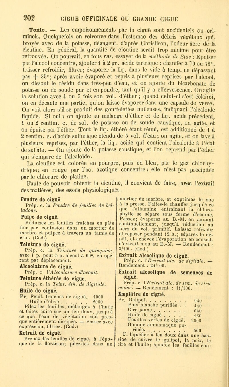 Toxlc. — Les empoisonnements par la ciguë sont accidentels ou cri- minels. Quelquefois on retrouve dans l'estomac des débris végétaux qui, broyés avec de la potasse, dégagent, d'après Ghristison, l'odeur acre de la cicutine. En général, la quantité de cicutine serait trop minime pour être retrouvée. On pourrait, en tous cas, essayer de la méthode de Stas ; Epuiser par l'alcool concentré, ajouter 1 à 2 gr. acide tartrique : chauffer à 70 ou 75°. Laisser refroidir, filtrer; évaporer la liq. dans le vide à temp. ne dépassant pas -f- 35°; après avoir évaporé et repris à plusieurs reprises par l'alcool, on dissout le résidu dans très-peu d'eau, et on ajoute du bicarbonate de potasse ou de soude pur et en poudre, tant qu'il y a effervescence. On agite la solution avec 4 ou 5 fois son vol. d'éther ; quand celui-ci s'est éclairci, on en décante une partie, qu'on laisse évaporer dans une capsule de verre. On voit alors s'il se produit des gouttelettes huileuses, indiquant l'alcaloïde liquide. Si oui : on ajoute au mélange d'éther et de liq. acide précédent, 1 ou 2 centim. c. de sol. de potasse ou de soude caustique, on agite, et on épuise par l'éther. Tout le liq. éthéré étant réuni, est additionné de 1 à 2 centim. c. d'acide sulfurique étendu de 5 vol. d'eau; on agite, et on lave à plusieurs reprises, par l'éther, la liq. acide qui contient l'alcaloïde à l'état de sulfate. — On ajoute de la potasse caustique, et l'on reprend par l'éther qui s'empare de l'alcaloïde. La cicutine est colorée en pourpre, puis en bleu, par le gaz chlorhy- drique; en rouge par l'ac. azotique concentré; elle n'est pas précipitée parle chlorure de platine. Faute de pouvoir obtenir la cicutine, il convient de faire, avec l'extrait des matières, des essais physiologiques. Poudre de ciguë. Prép. c. la Poudre de feuilles de bel- ladone. Pulpe de ciguë. Réduisez les feuilles fraîches en pâte fine par contusion dans un mortier de marbre et pulpez à travers un tamis de crin. (Cod.) Teinture de ciguë. Prép. c. la Teinture de quinquina, avec i p. pour 5 p. alcool à 60°, en opé- rant par déplacement. Alcoolature de ciguë. Prép. c l'Alcoolature d'aconit. Teinture éthérée de ciguë. Prép. c. la Teint, éth. de digitale. Huile de ciguë. Pr. Feuil. fraîches de ciguë. 1000 Huile d'olive 2000 Pilez les feuilles, mélangez à l'huile et faites cuire sur un feu doux, jusqu'à ce que l'eau de végétation soit pres- que entièrement dissipée. — Passez avec expression, filtrez. (God.) Extrait de ciguë. Prenez des feuilles de ciguë, à l'épo- que de la floraison; pilez-les dans un mortier de marbre, et exprimez le suc à la presse. Faites-le chauffer jusqu'à ce que l'albumine entraînant la chloro- phylle se sépare sous forme d'écume. Passez; évaporez au B.-M. en agitant continuellement, jusqu'à réduction au tiers du vol. primitif. Laissez refroidir et reposer pendant i2 h. ; séparez le dé- pôt, et achevez l'évaporation en consist. d'extrait mou au B.-M. — Rendement : 3/100. (God.) Extrait alcoolique de ciguë. Prép. c. l'Extrait aie. de digitale. — Rendement : 24/100. Extrait alcoolique de semences de ciguë. Prép. c. l'Extrait aie. de sem. de stra- moine. — Rendement : 11/100. Emplâtre de ciguë. Pr. Galipot 940 Poix blanche purifiée . . 440 Cire jaune 640 Huile de ciguë 130 Feuilles vertes de ciguë. 2000 Gomme ammoniaque pu- rifiée 500 F. liquéfier à feu doux dans une bas- sine de cuivre le galipot, la poix, la cire et l'huile; ajoutez les feuilles con-