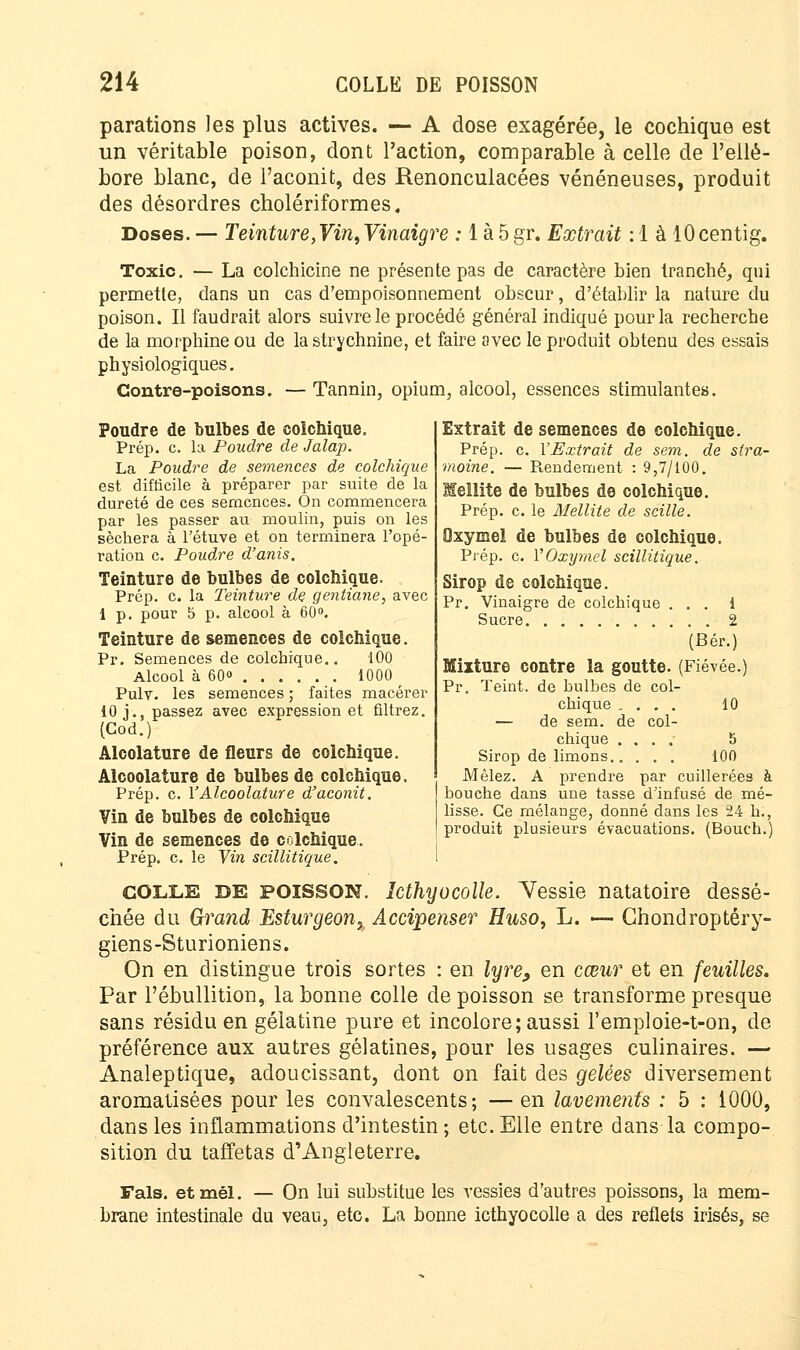 parations les plus actives. — A dose exagérée, le cochique est un véritable poison, dont Faction, comparable à celle de l'ellé- bore blanc, de l'aconit, des Renonculacées vénéneuses, produit des désordres cholériformes. Doses. — Teinture,Yin^Yinaigre : 1 à 5gr. Extrait : 1 à lOcentig. Toxic. — La colchicine ne présente pas de caractère bien tranché, qui permette, dans un cas d'empoisonnement obscur, d'établir la nature du poison. Il faudrait alors suivre le procédé général indiqué pour la recherche de la morphine ou de la strychnine, et faire avec le produit obtenu des essais physiologiques. Contre-poisons. — Tannin, opium, alcool, essences stimulantes. Poudre de bulbes de colchique. Prép. c. la Poudre de Jalap. La Poudre de semences de colchique est difficile à préparer par suite de la dureté de ces semences. On commencera par les passer au moulin, puis on les séchera à l'étuve et on terminera l'opé- ration c. Poudre d'anis. Teinture de bulbes de colchique. Prép. c. la Teinture de gentiane, avec 1 p. pour 5 p. alcool à 60°. Teinture de semences de colchique. Pr. Semences de colchique.. 100 Alcool à 60» 1000 ^ Pulv. les semences ; faites macérer 10 j., passez avec expression et filtrez. (Cod.) Alcolature de fleurs de colchique. Alcoolature de bulbes de colchique. Prép. c. Y Alcoolature d'aconit. Vin de bulbes de colchique Vin de semences de colchique. Prép. c. le Vin scillitique. COLLE DE POISSON. Icthyocolle. Vessie natatoire dessé- chée du Grand Esturgeon, Accipenser Huso, L. — Chondroptéry- giens-Sturioniens. On en distingue trois sortes : en lyre, en cœur et en feuilles. Par l'ébullition, la bonne colle de poisson se transforme presque sans résidu en gélatine pure et incolore; aussi l'emploie-t-on, de préférence aux autres gélatines, pour les usages culinaires. — Analeptique, adoucissant, dont on fait des gelées diversement aromatisées pour les convalescents; — en lavements : 5 : 1000, dans les inflammations d'intestin ; etc. Elle entre dans la compo- Extrait de semences de colchique. Prép. c. l'Extrait de sem. de sira- moine. — R,endement : 9,7/100. Hellite de bulbes de colchique. Prép. c. le Mellite de scille. Oxymel de bulbes de colchique. Piép. c. Y Oxymel scillitique. Sirop de colchique. Pr. Vinaigre de colchique ... 1 Sucre 2 (Bér.) Mixture contre la goutte. (Fiévée.) Pr. Teint, de hulbes de col- chique . . . . 10 — de sem. de col- chique .... 5 Sirop de limons 100 Mêlez. A prendre par cuillerées à bouche dans une tasse d'infusé de mé- lisse. Ce mélange, donné dans les 24 h., produit plusieurs évacuations. (Bouch.) Fais, etmél. — On lui substitue les vessies d'autres poissons, la mem- brane intestinale du veau, etc. La bonne icthyocolle a des reflets irisés, se