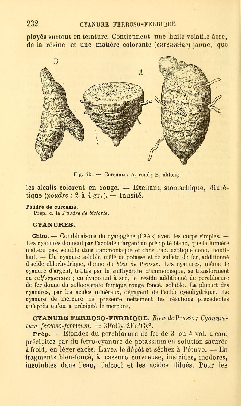 ployés surtout en teinture. Contiennent une huile volatile acre, de la résine et une matière colorante (curcumine) jaune, que Fig. 42. — Curcuma: A, rond; B, oblong. les alcalis colorent en rouge. — Excitant, stomachique, diuré- tique (poudre : 2 à 4 gr.). — Inusité. Foudre de curcuma, Prép. c. la Poudre de bistorte. CYANURES. Chim. — Combinaisons du cyanogène (C2Az) avec les corps simples. — Les cyanures donnent par l'azotate d'argent un précipité blanc, que la lumière n'altère pas, soluble dans l'ammoniaque et dans l'ac. azotique conc. bouil- lant. — Un cyanure soluble mêlé de potasse et de sulfate de fer, additionné d'acide chlorhydrique, donne du bleu de Prusse. Les cyanures, même le cyanure d'argent, traités par le sulfhydrate d'ammoniaque, se transforment en sulfocyanates ; en évaporant à sec, le résidu additionné de percblorure de fer donne du sulfocyanate ferrique rouge foncé, soluble. La plupart des cyanures, par les acides minéraux, dégagent de l'acide cyanhydrique. Le cyanure de mercure ne présente nettement les réactions précédentes qu'après qu'on a précipité le mercure. cyanure ferroso-FERRIQUE. Bleu de Prusse; Cyanure- tum ferroso-ferricum. = 3FeCy,2Fe2Cy3. Prép. — Etendez du perchlorure de fer de 3 ou 4 vol. d'eau, précipitez par du ferro-cyanure de potassium en solution saturée à froid, en léger excès. Lavez le dépôt et séchez à l'étuve. — En fragments bleu-foncé, à cassure cuivreuse, insipides, inodores, insolubles dans l'eau, l'alcool et les acides dilués. Pour les